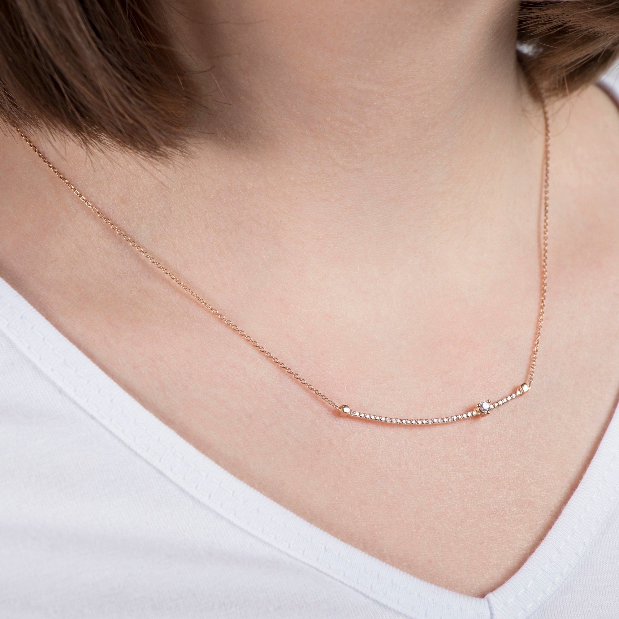 Diamond Curved Bar Necklace Available in 14K and 18K Gold