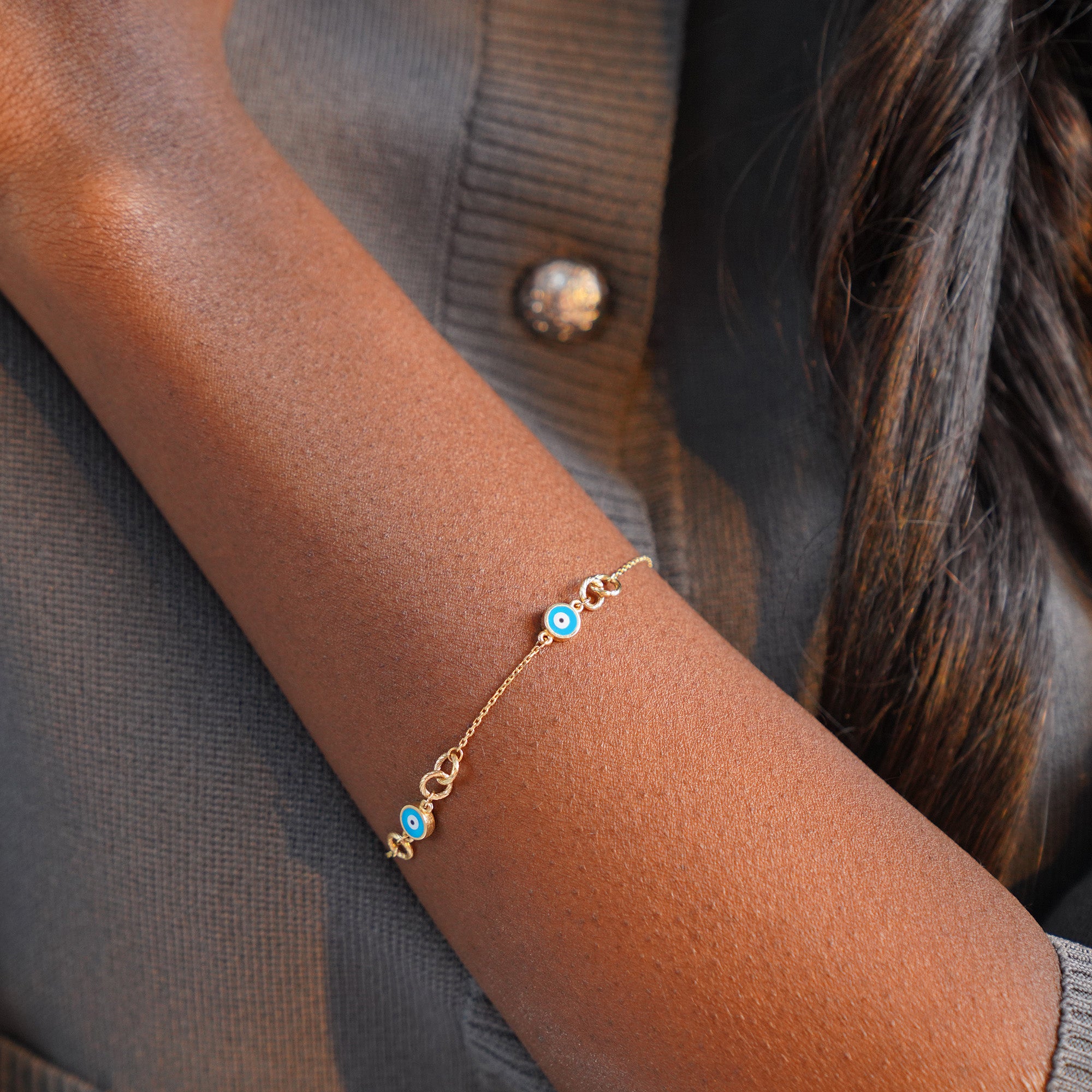 Turquoise Evil Eye Interlocking Evil Eye Bracelet in 14K Gold