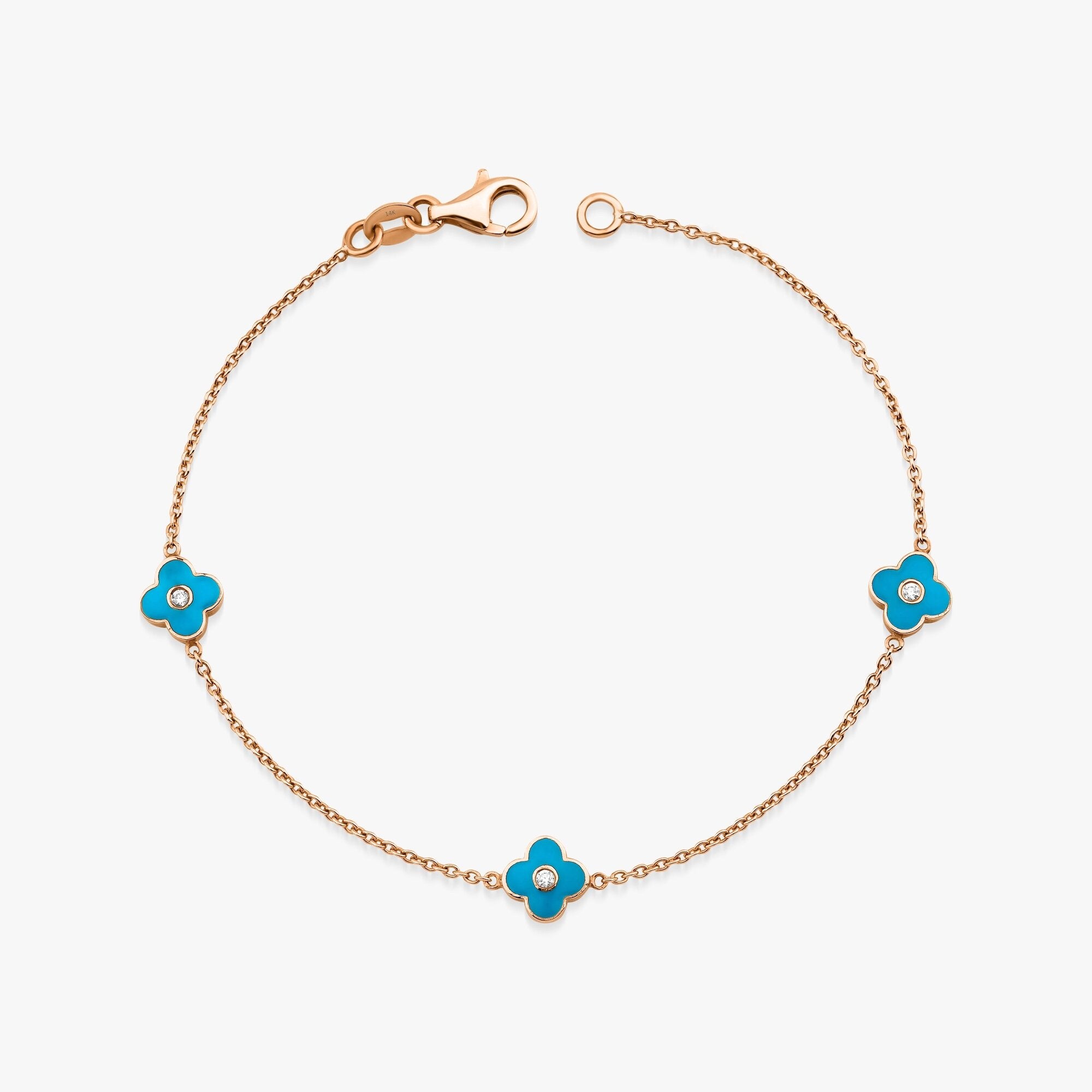 Turquoise Double Sided Diamond Clover Bracelet in 14K Gold