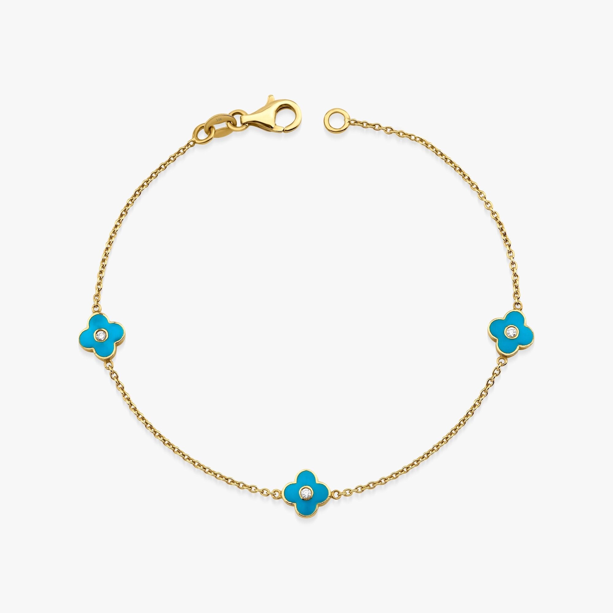 Turquoise Double Sided Diamond Clover Bracelet in 14K Gold