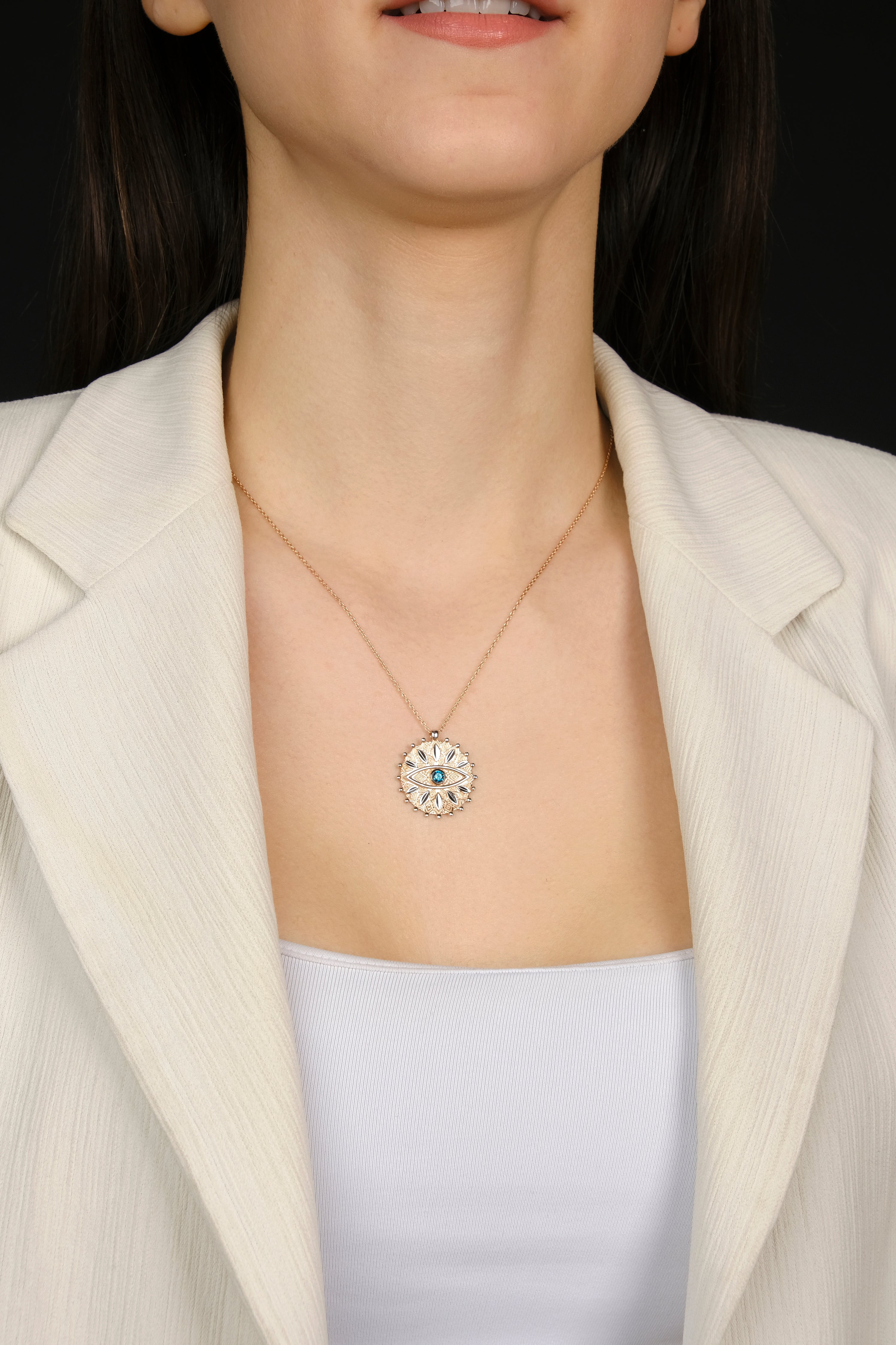 Blue Diamond Eye Medallion Necklace in 14K Gold