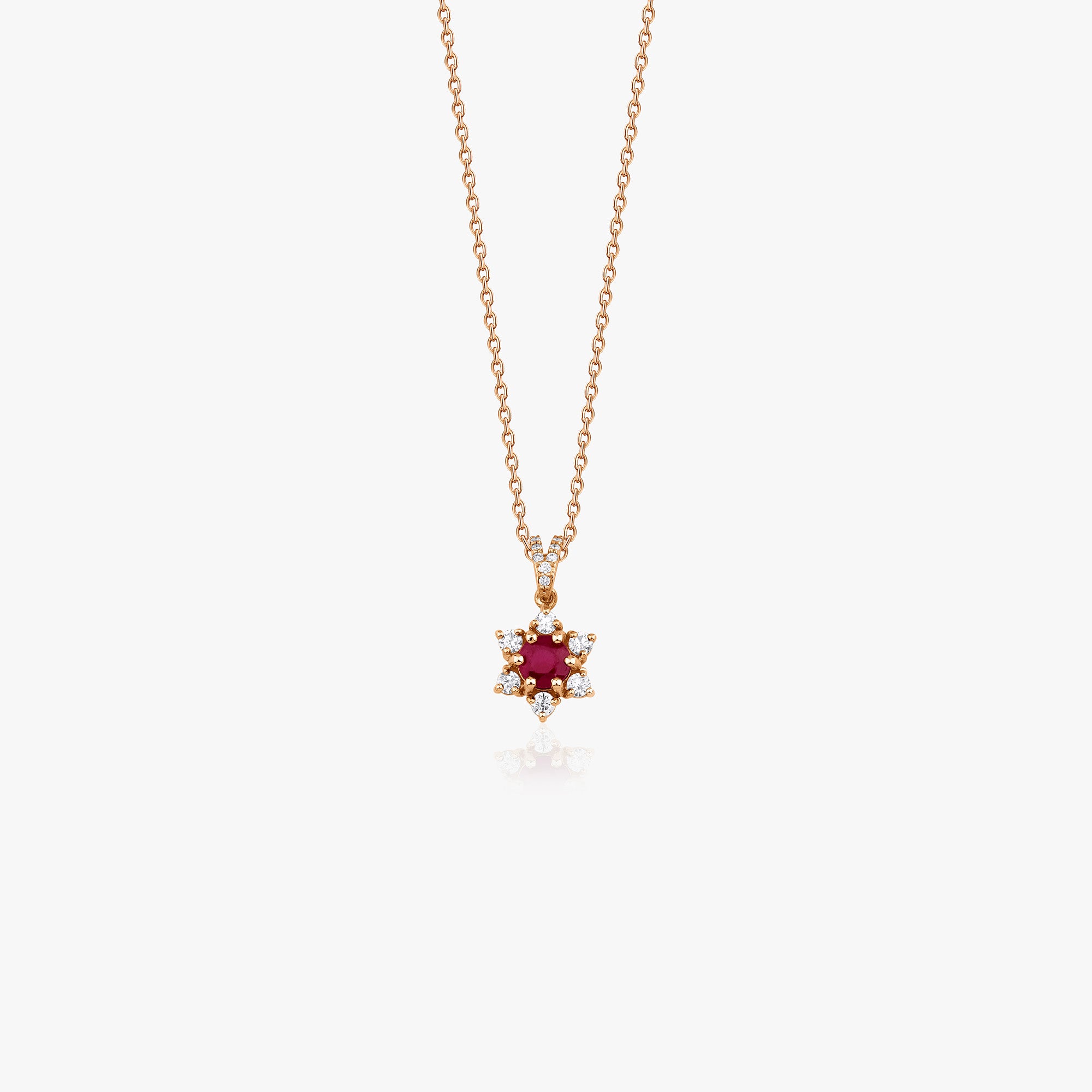 Vintage Style Ruby and Diamond Sirius Star Necklace Available in 14K and 18K Gold