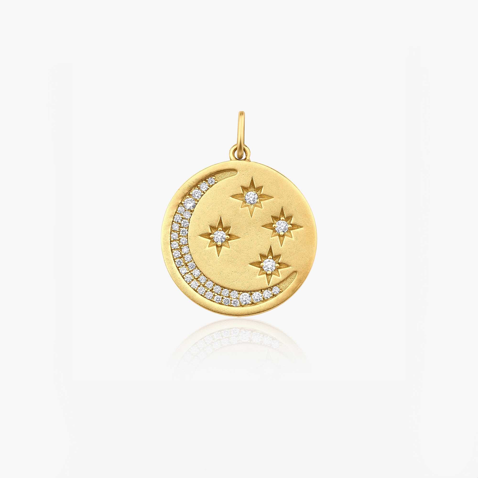 Diamond Crescent and Star Medallion Pendant Available in 14K and 18K Gold