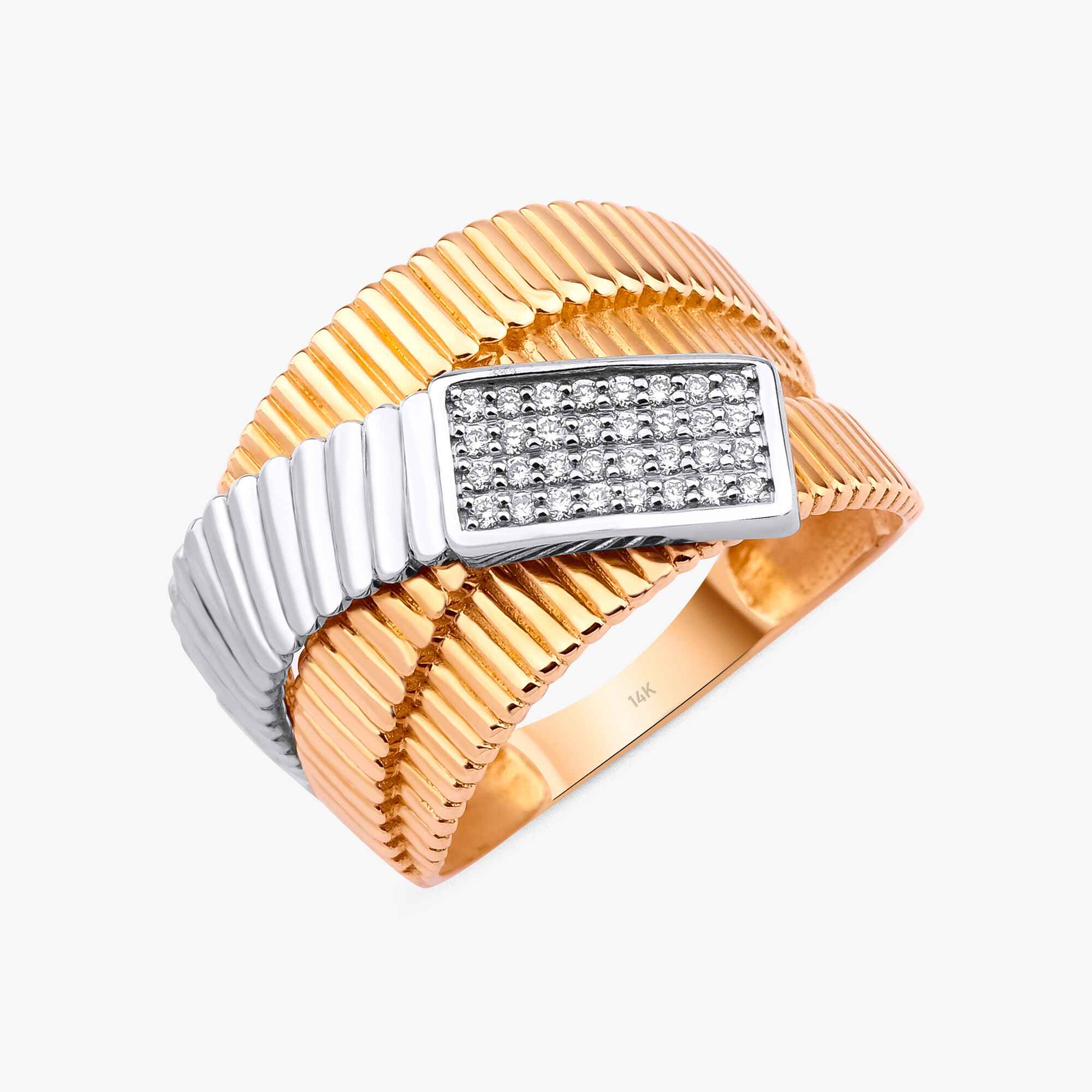 Two Tone Diamond Modern Crossover Ring in 14K Gold