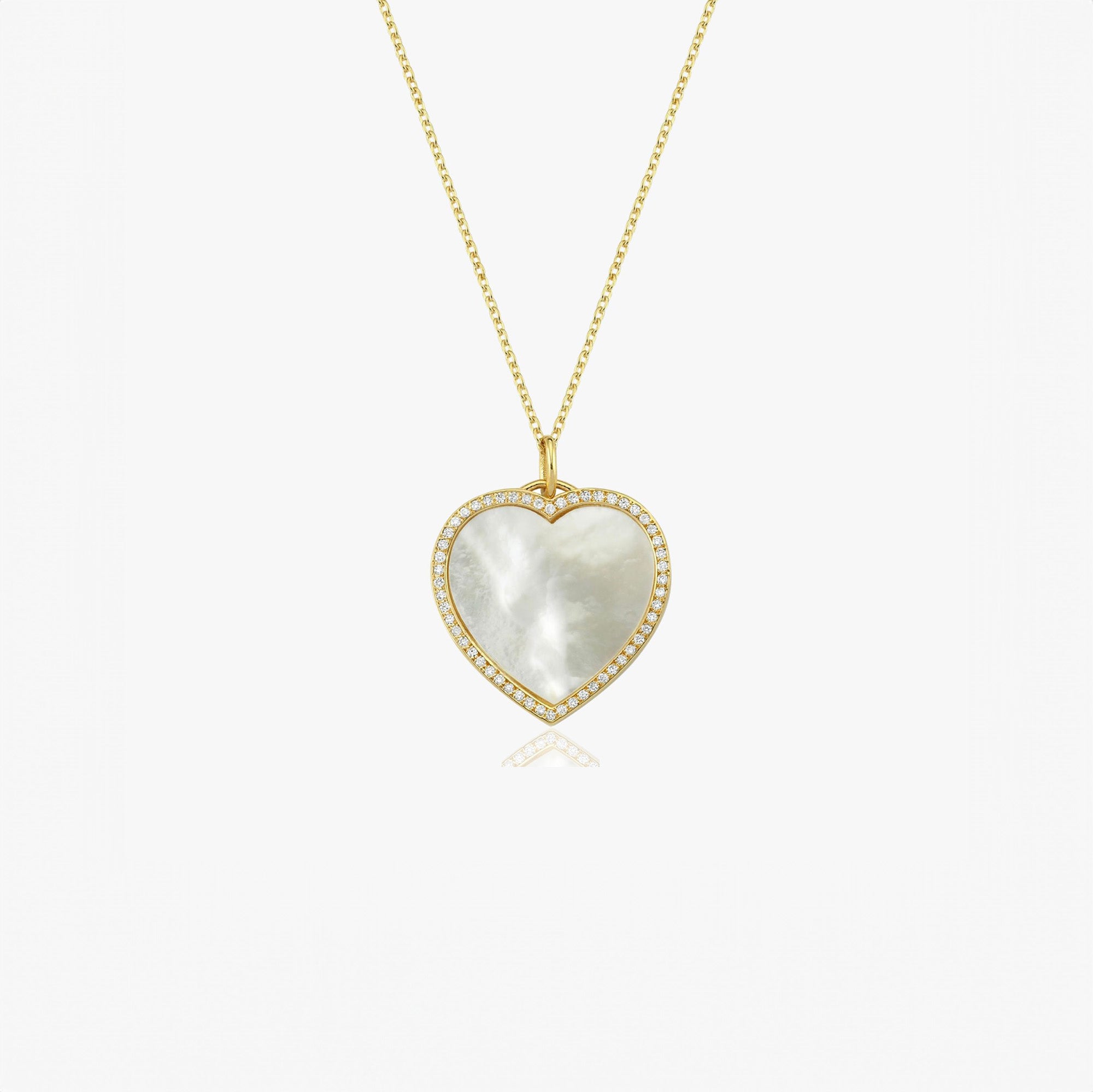 Large Mother of Pearl and Diamond Heart Pendant Necklace