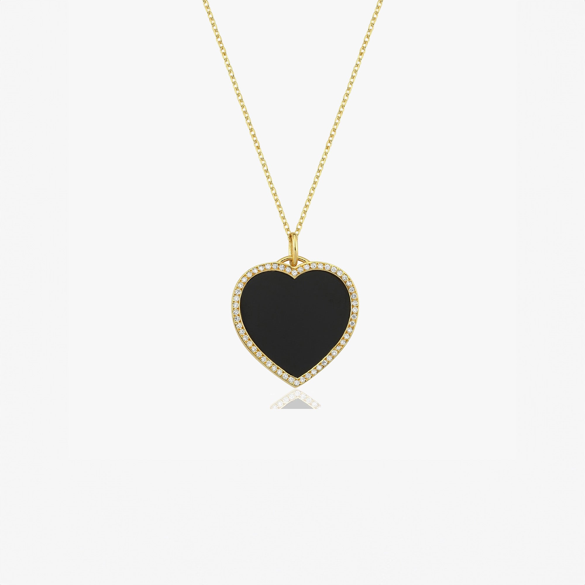 Large Onyx and Diamond Heart Pendant Necklace