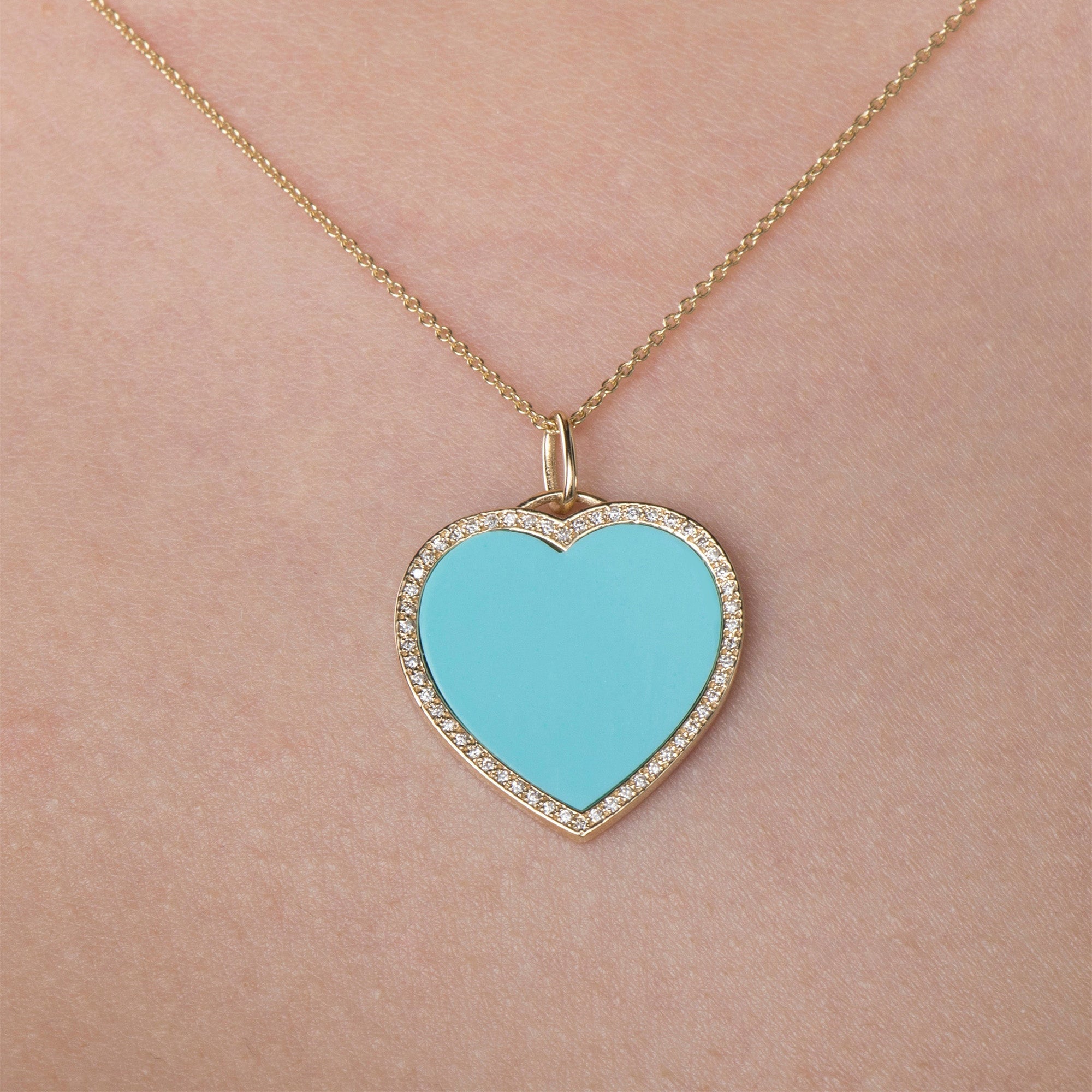 Large Turquoise and Diamond Heart Pendant Necklace