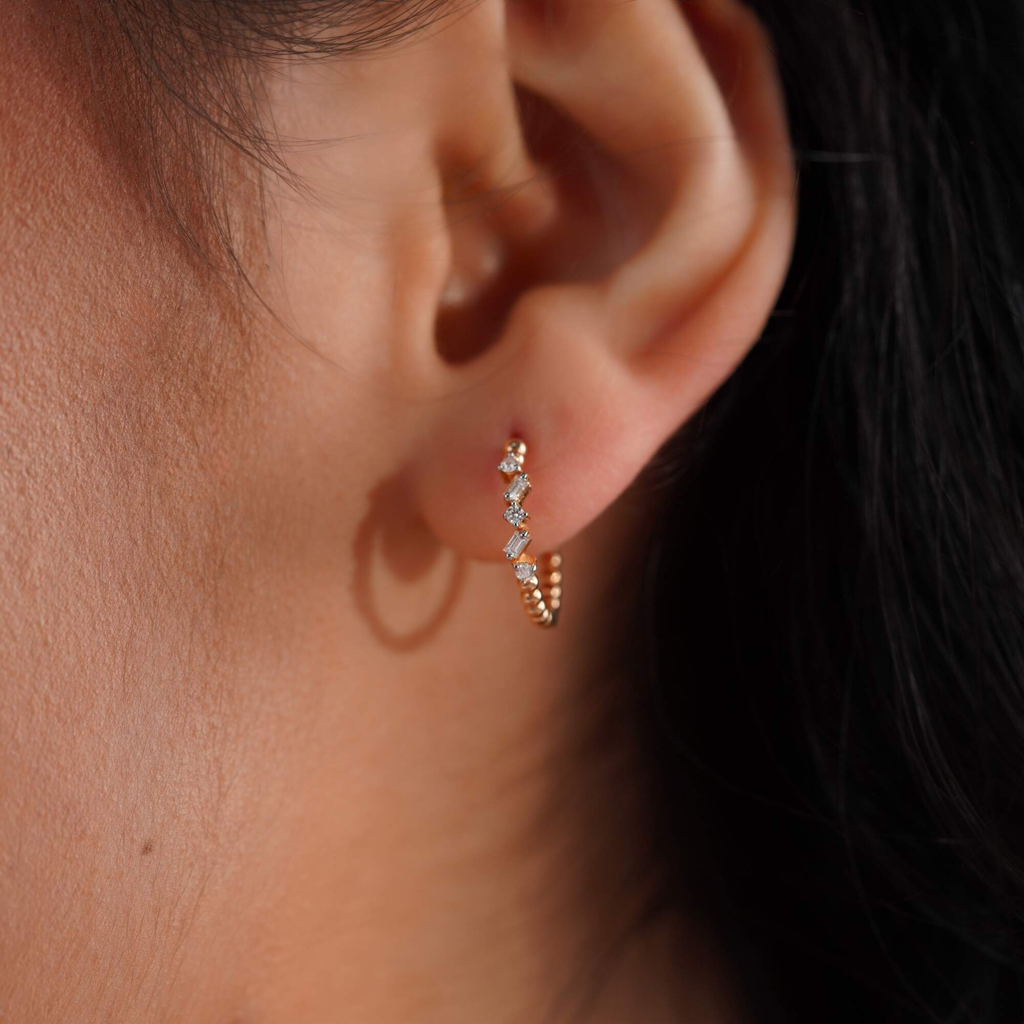 Beaded Diamond Hoop Earrings Available in 14K and 18K Gold