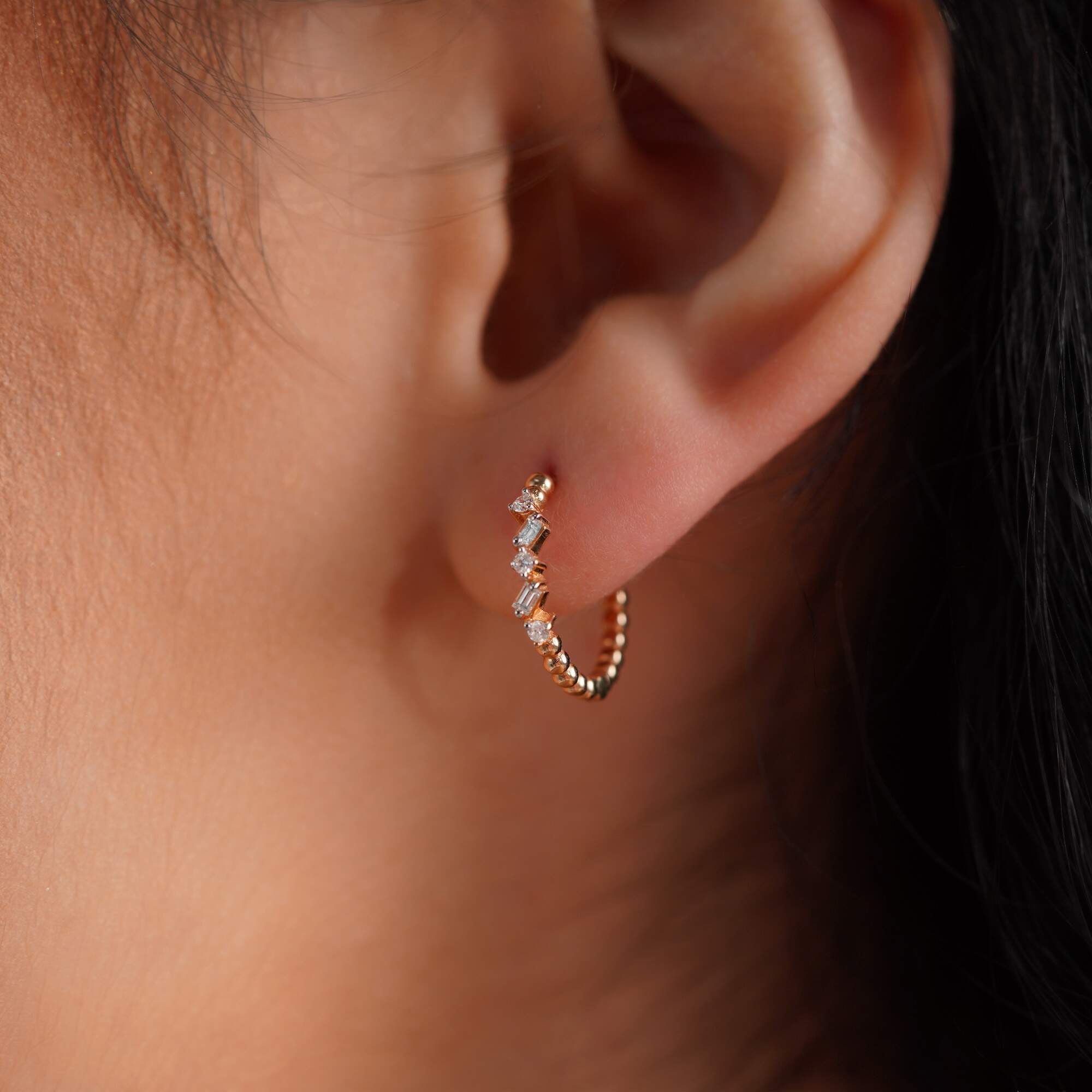 Beaded Diamond Hoop Earrings Available in 14K and 18K Gold