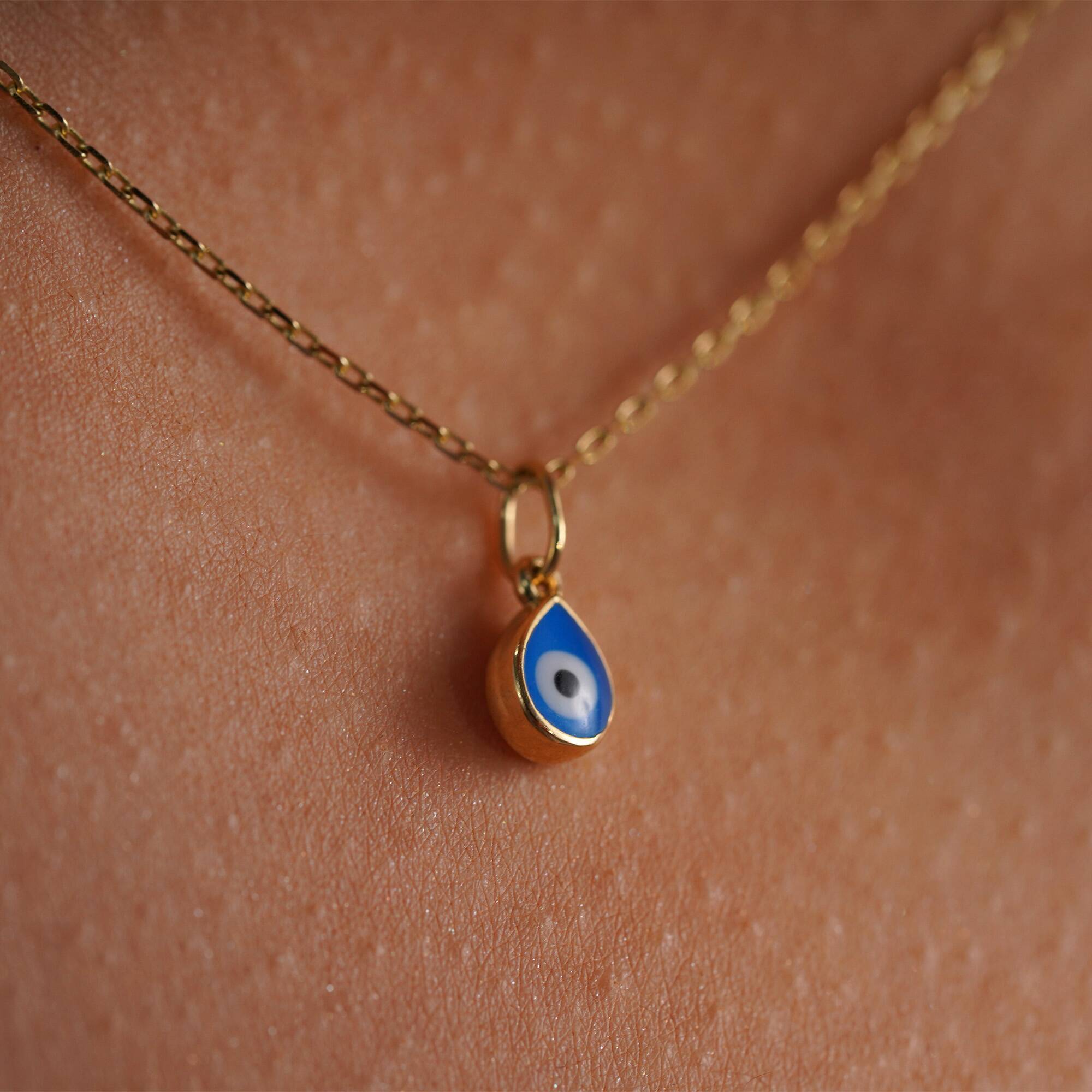 Mini Raindrop Navy Blue Evil Eye Charm in 14K Gold