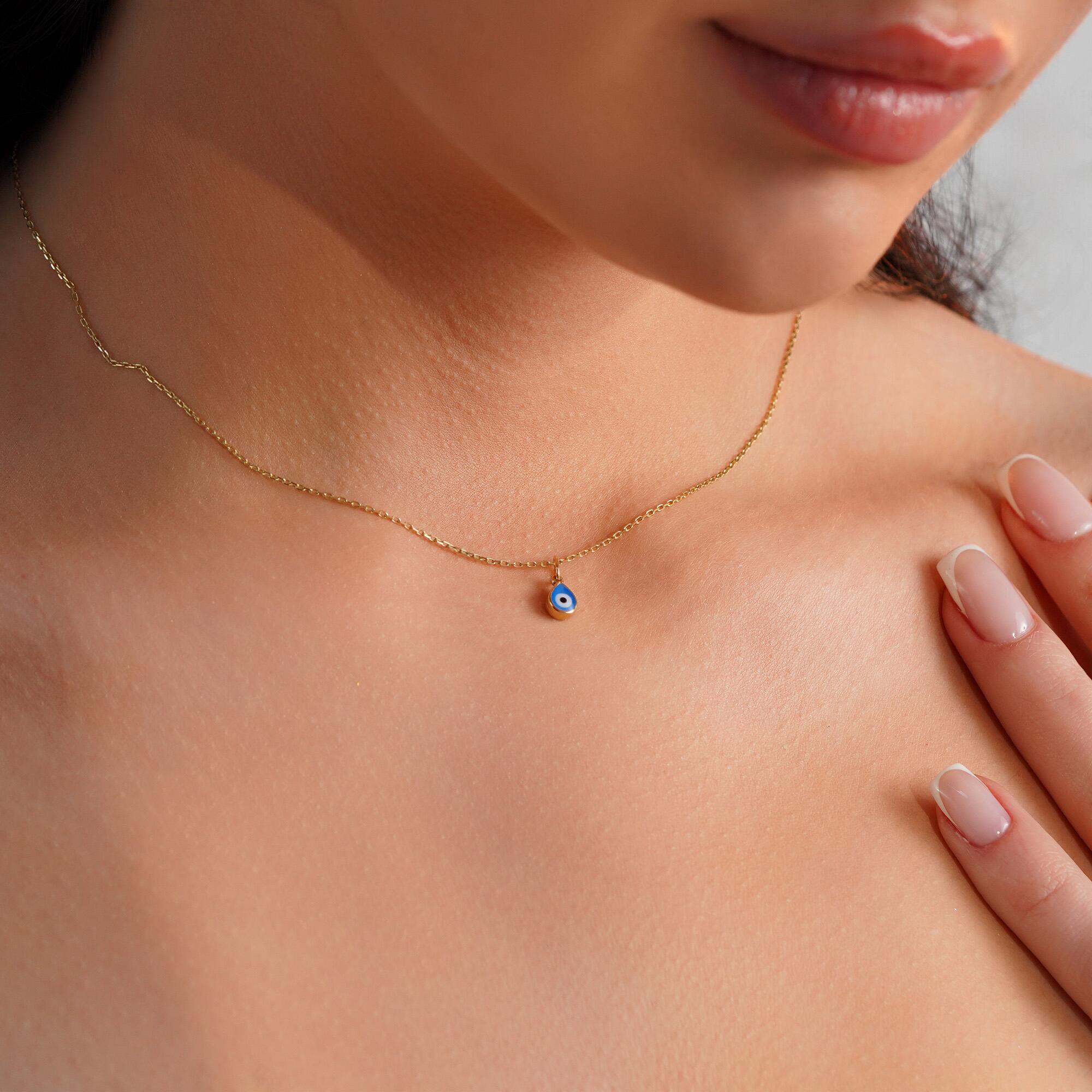 Mini Raindrop Navy Blue Evil Eye Necklace in 14K Gold