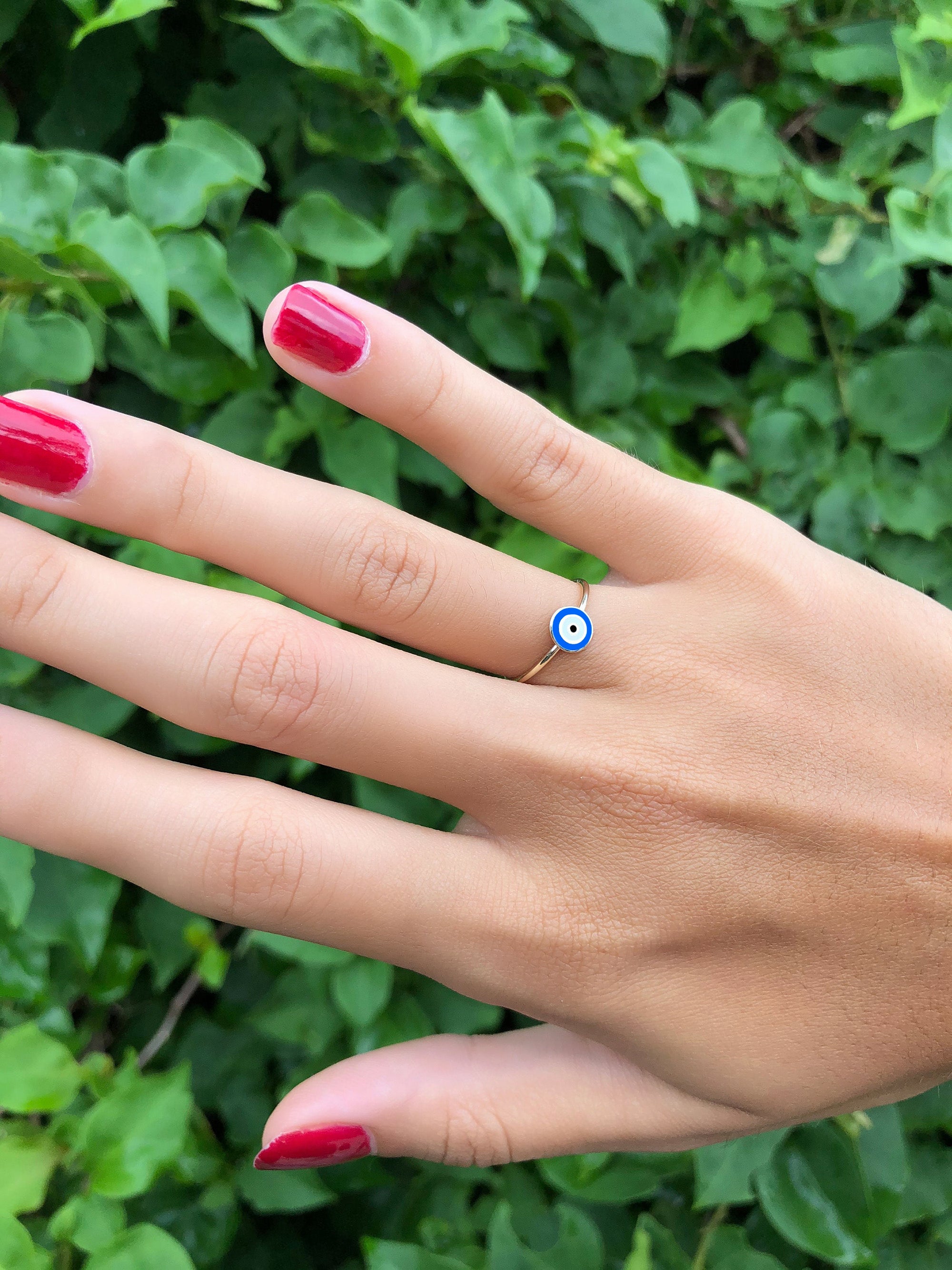 Mini Navy Blue Evil Eye Ring in 14K Gold