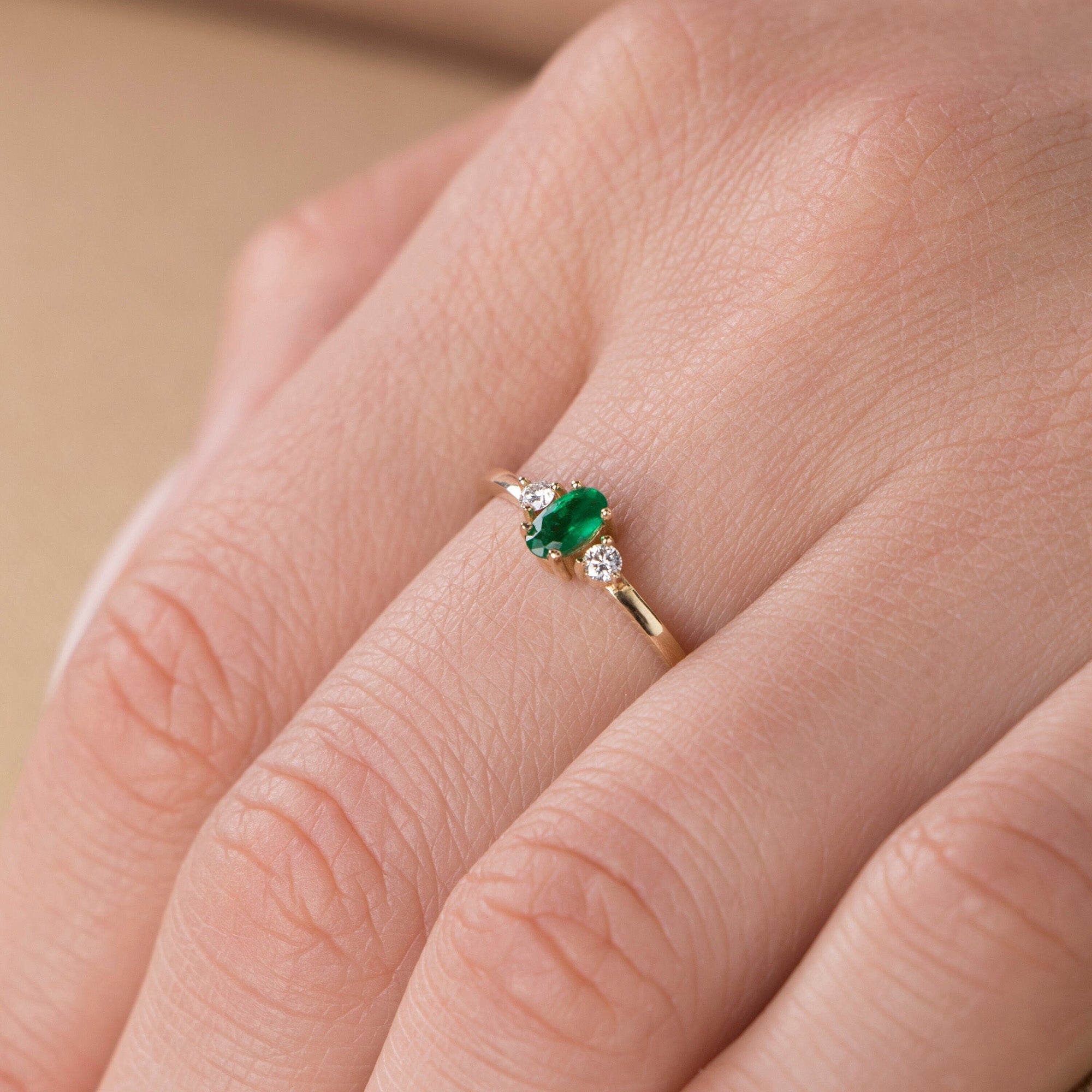 Minimal Emerald and Diamond Ring in 14K Gold