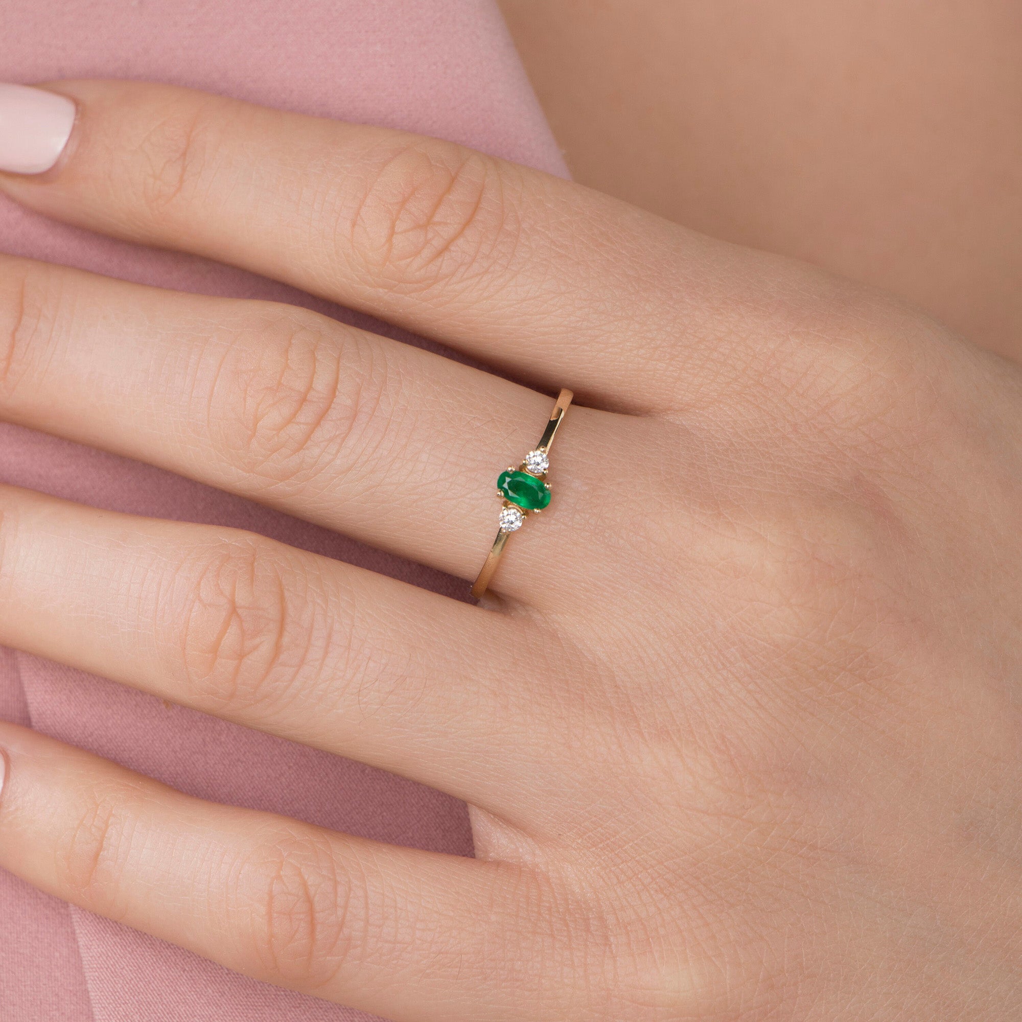 Minimal Emerald and Diamond Ring in 14K Gold