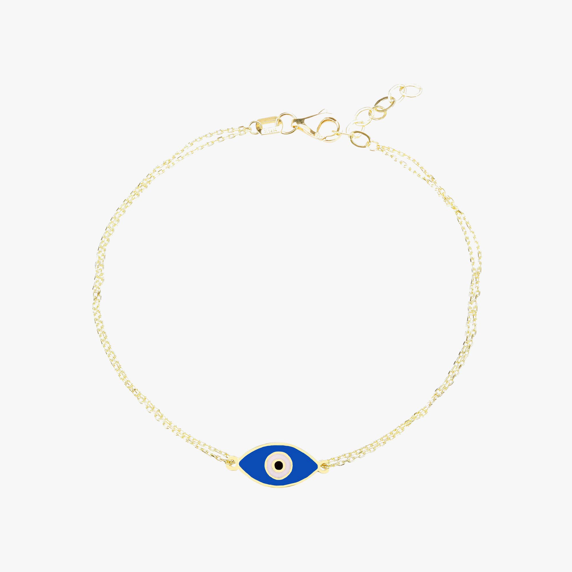 Double Chain Navy Blue Evil Eye Bracelet in 14K Gold