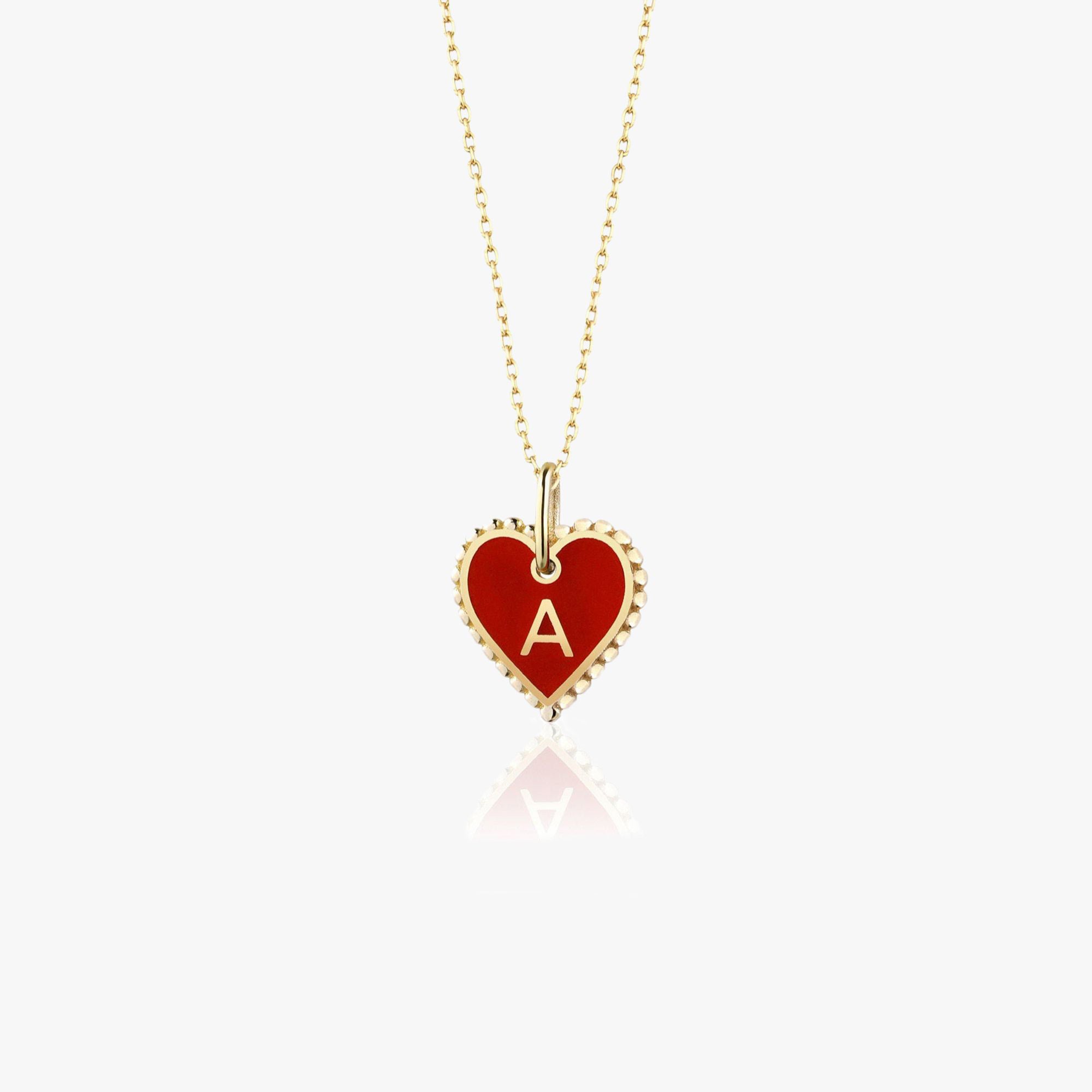 Red Enamel Heart Initial Pendant Necklace in 14K Gold