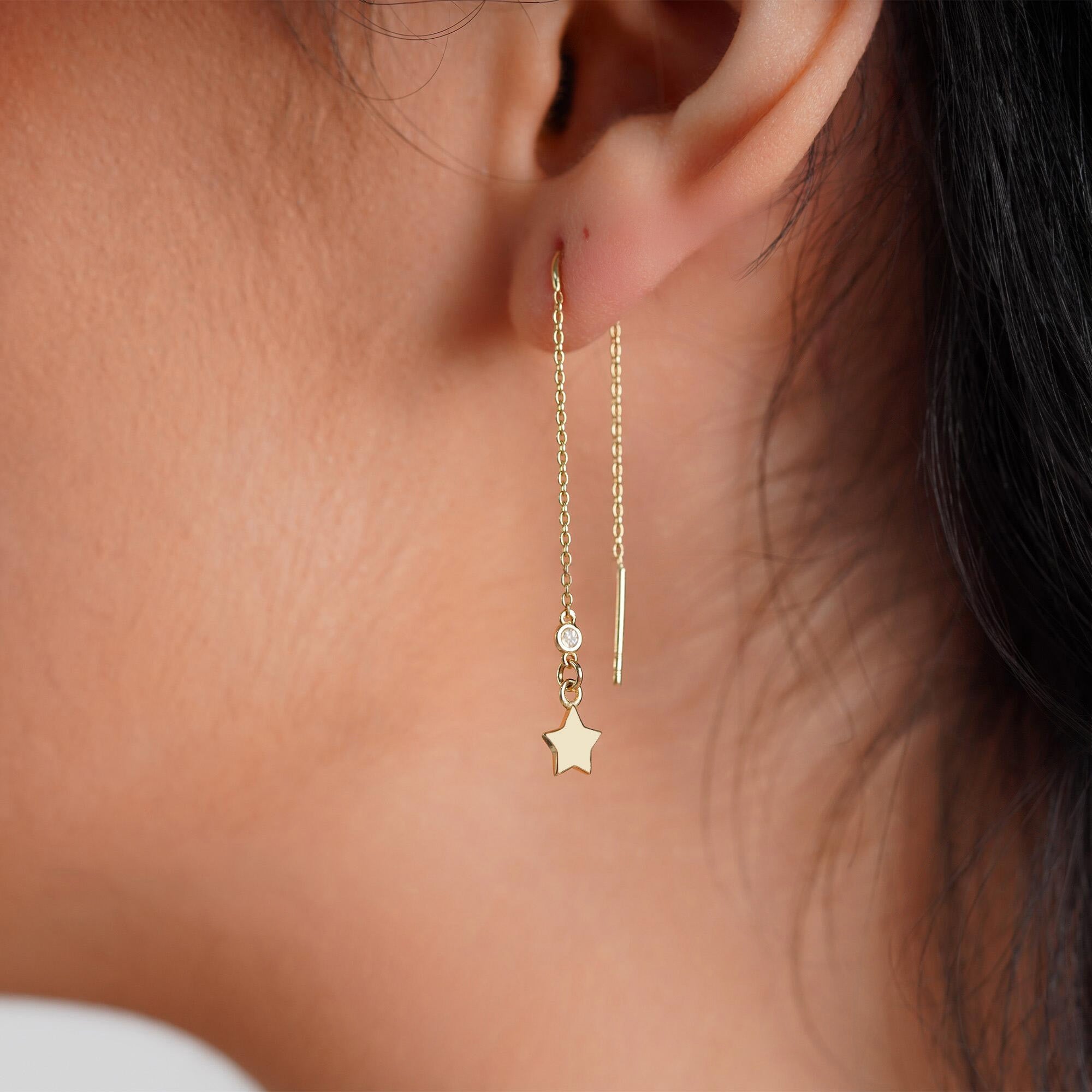 Floating Star Diamond Threader Earrings Available in 14K and 18K Gold