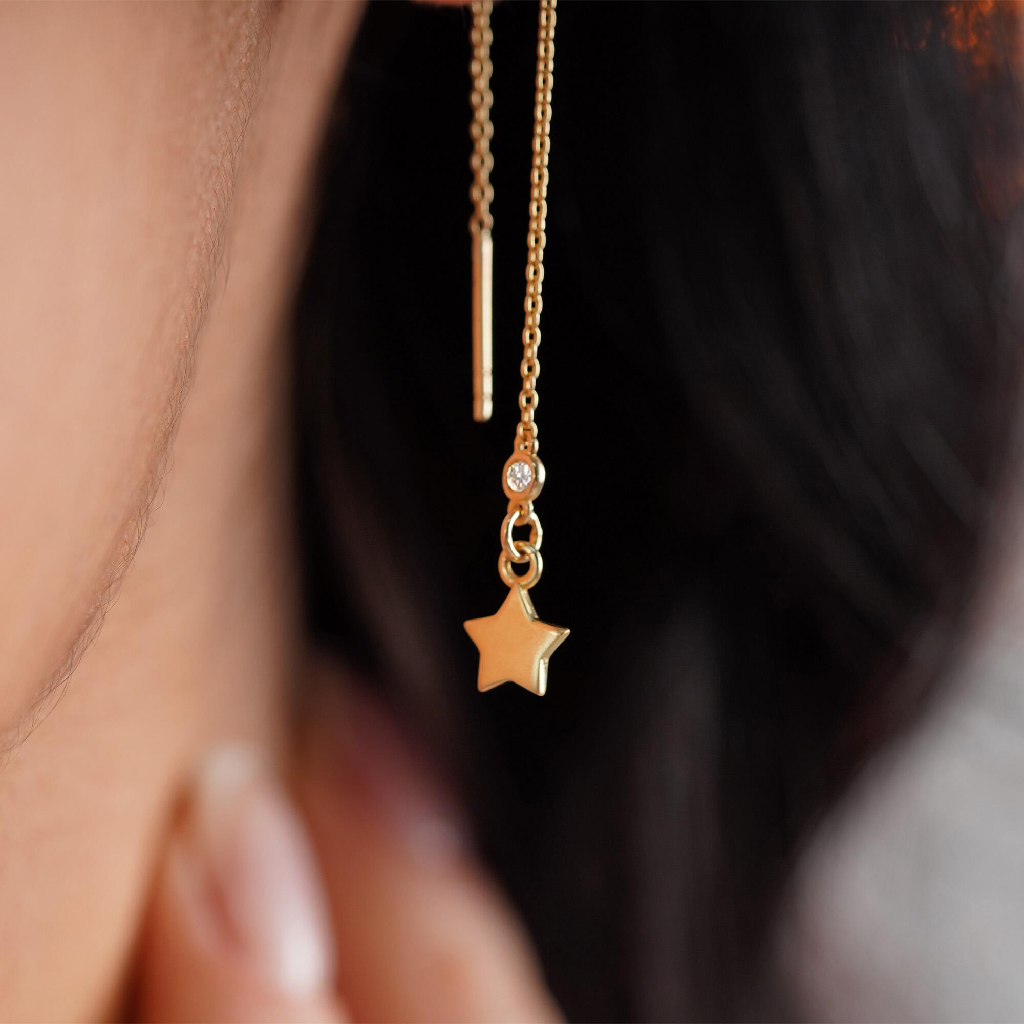 Single Floating Star Diamond Threader Earring Available in 14K and 18K Gold