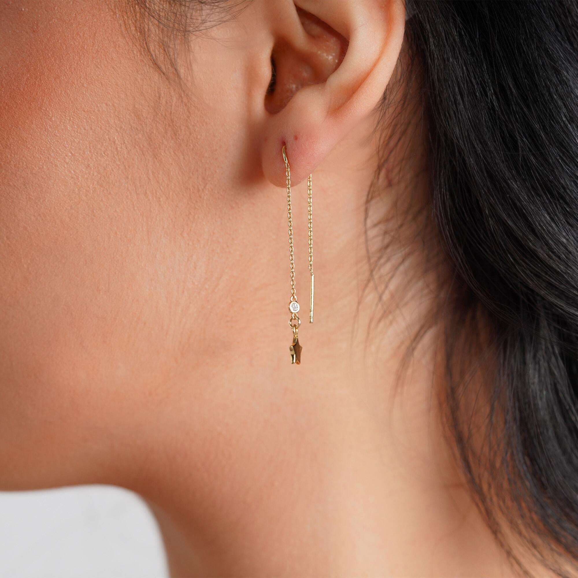 Single Floating Star Diamond Threader Earring Available in 14K and 18K Gold