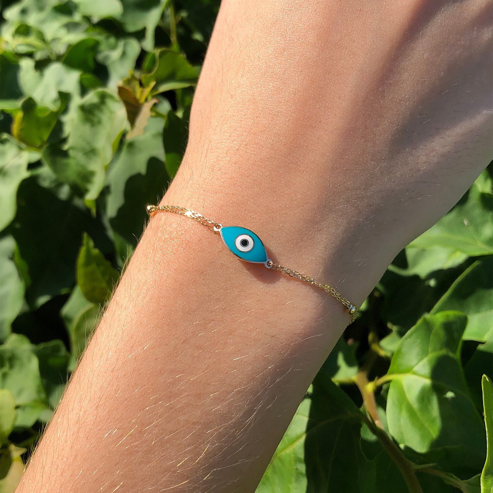 Double Chain Turquoise Evil Eye Bracelet in 14K Gold