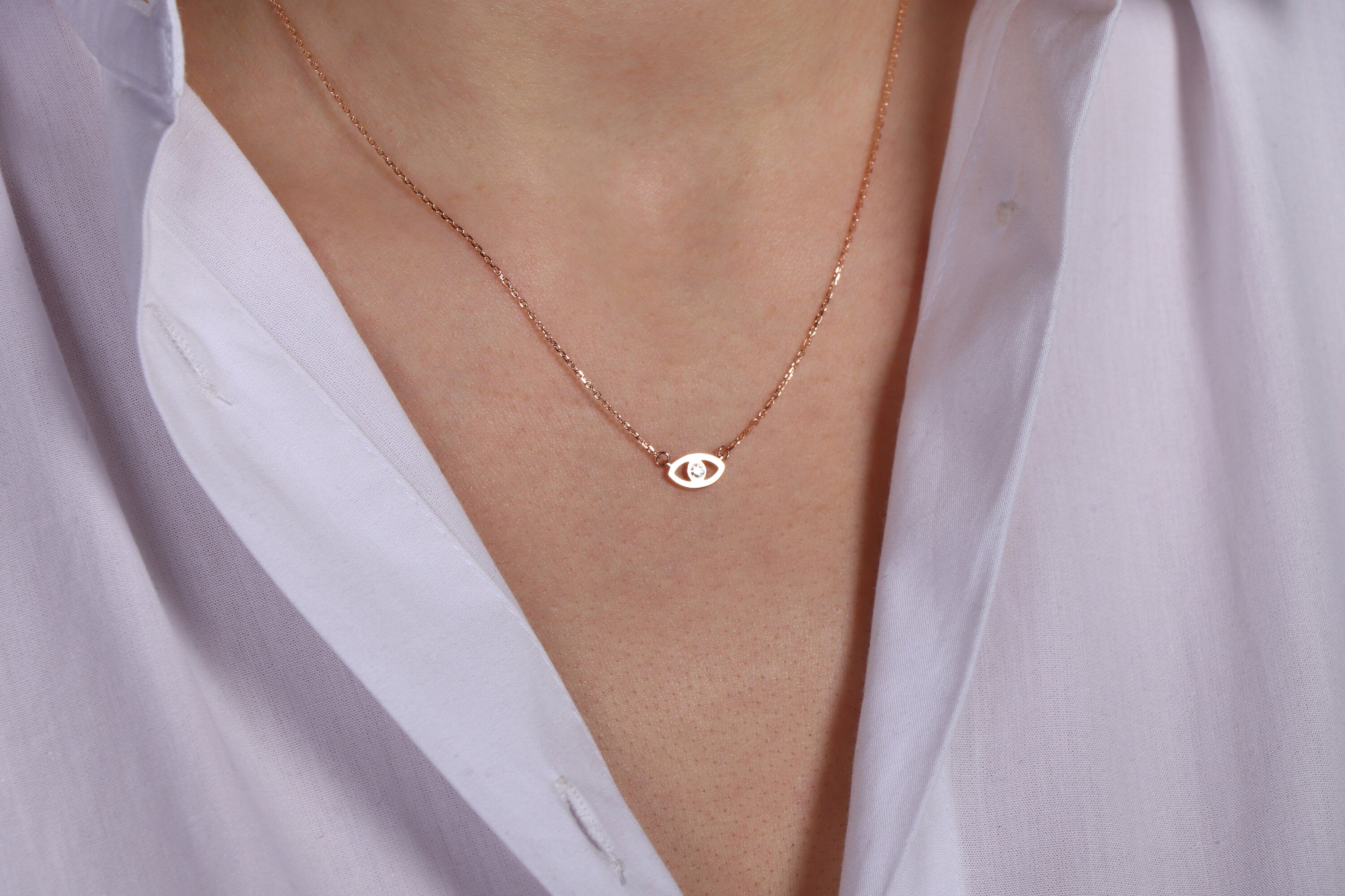 Mini Diamond Evil Eye Necklace in 14K Gold