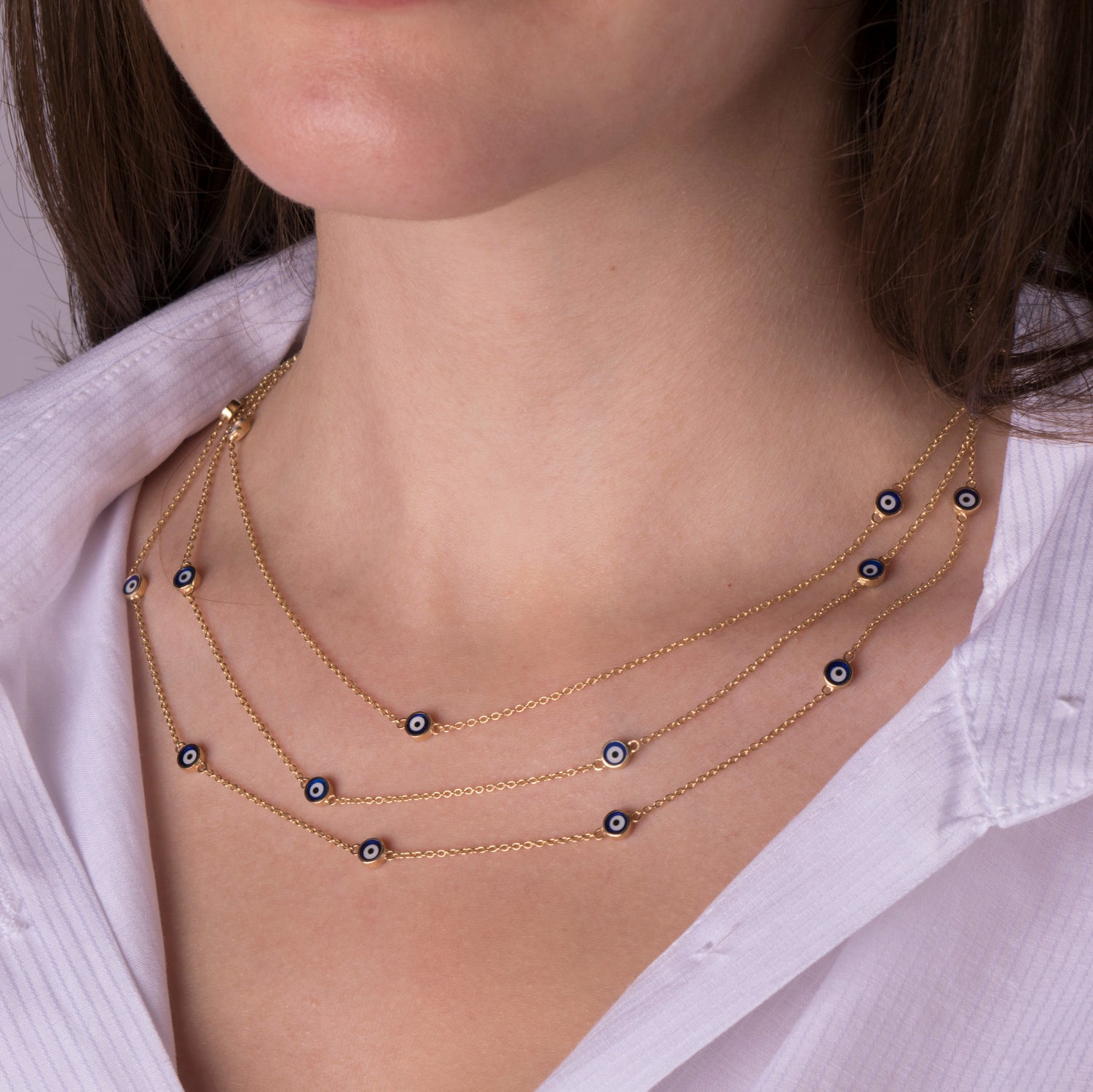 Evil Eye Station Necklace in 14K Gold / Navy Blue