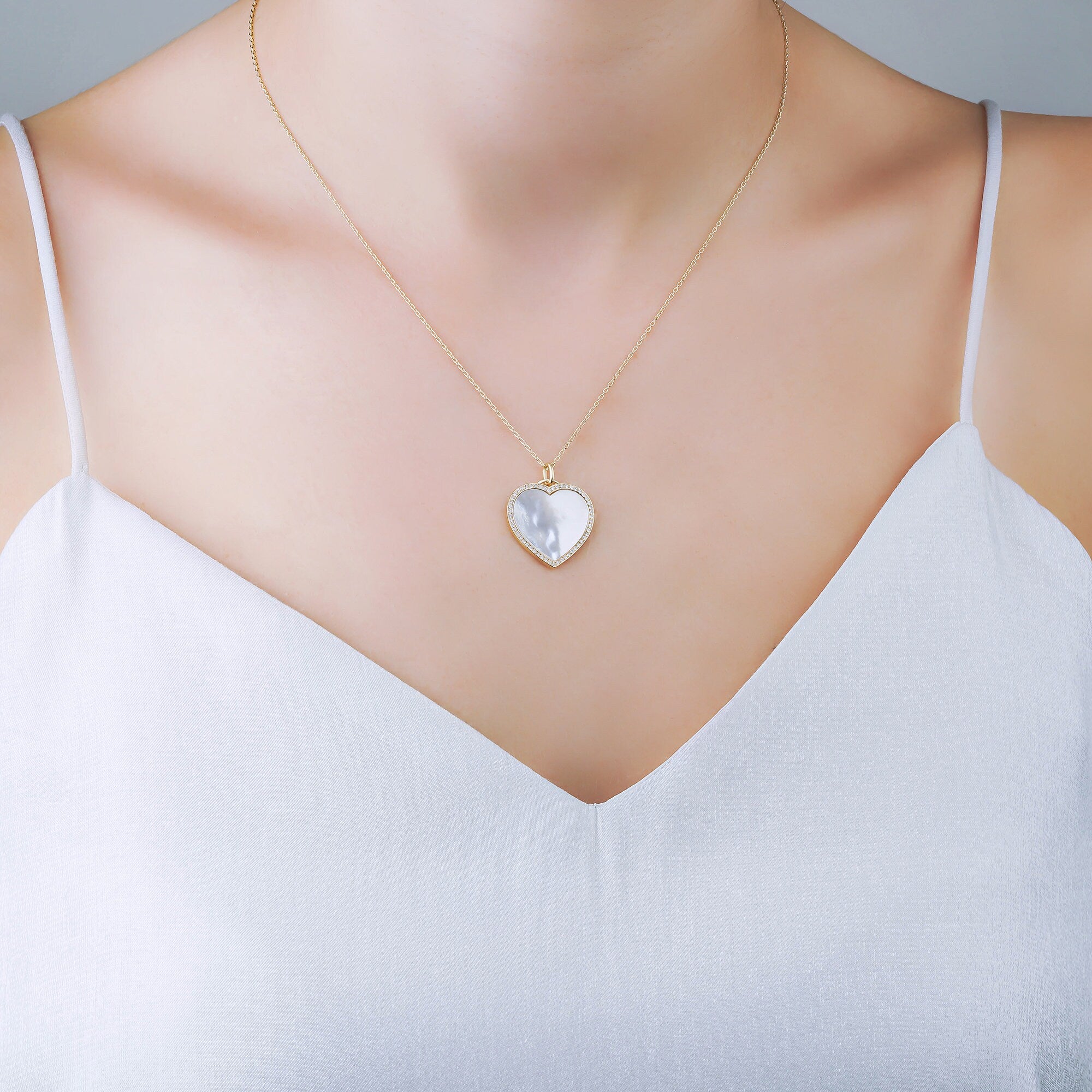 Large Mother of Pearl and Diamond Heart Pendant Necklace