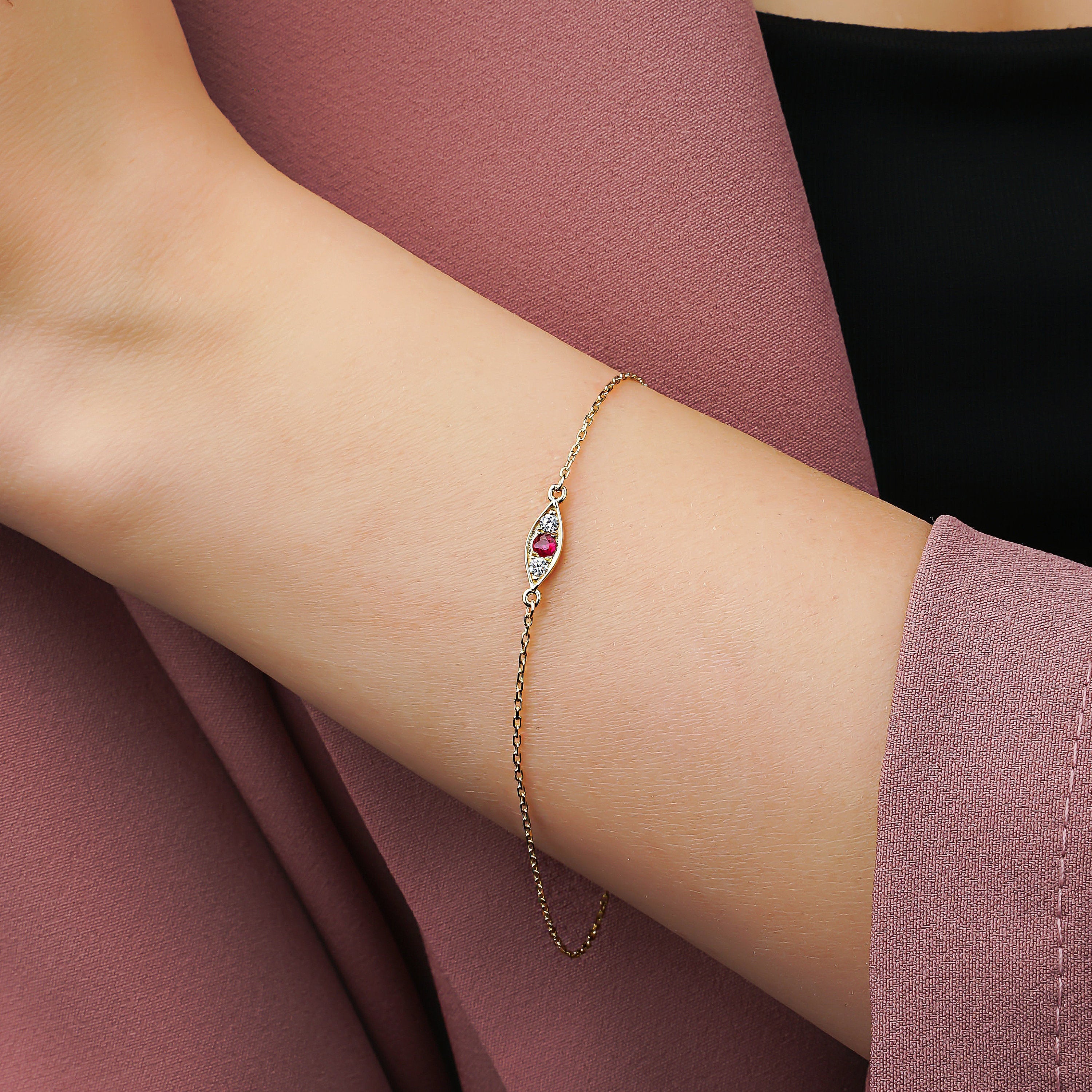 Tiny Ruby And Diamond Bracelet In 14K Gold