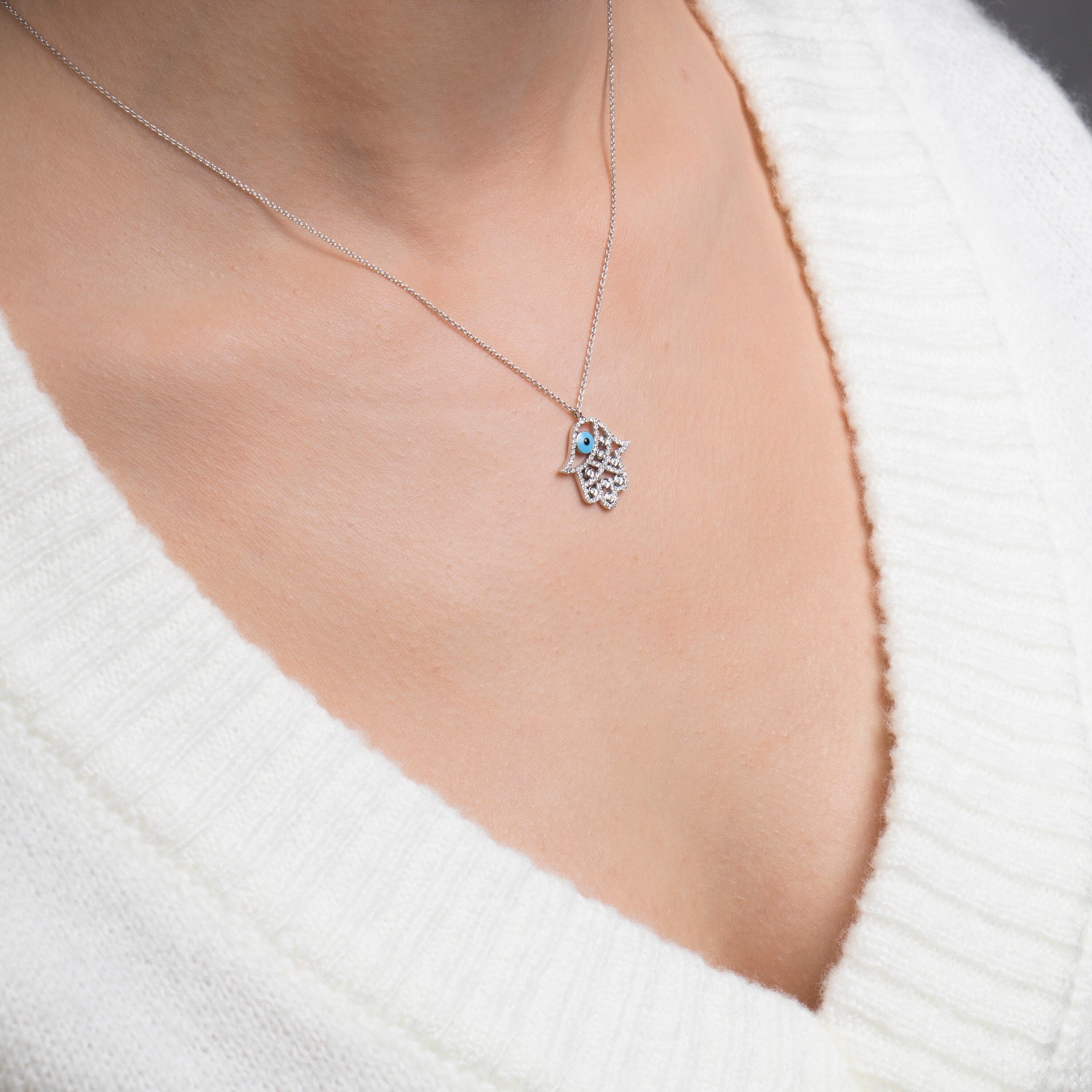 Diamond Hamsa Hand Necklace in 14K Gold