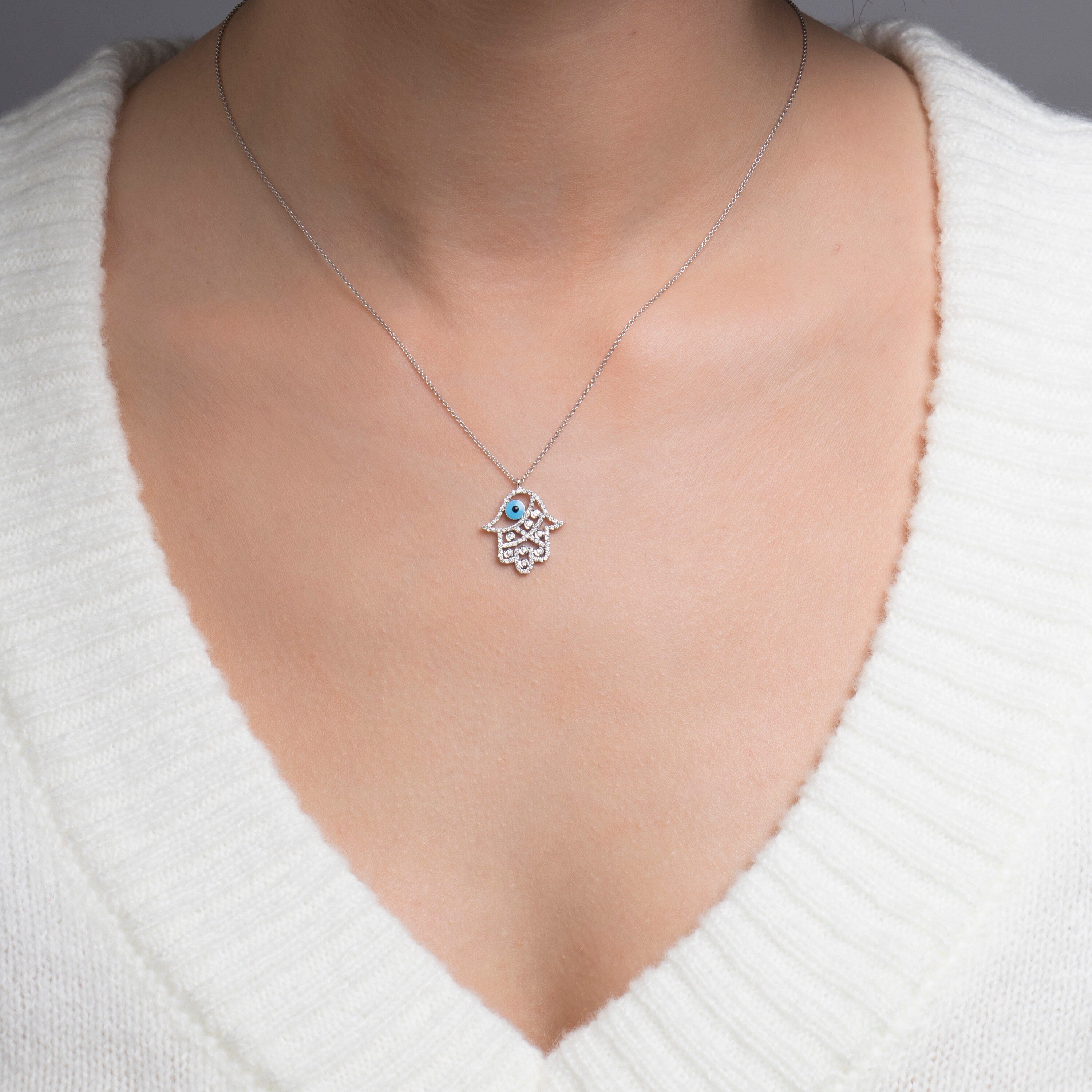 Diamond Hamsa Hand Necklace in 14K Gold