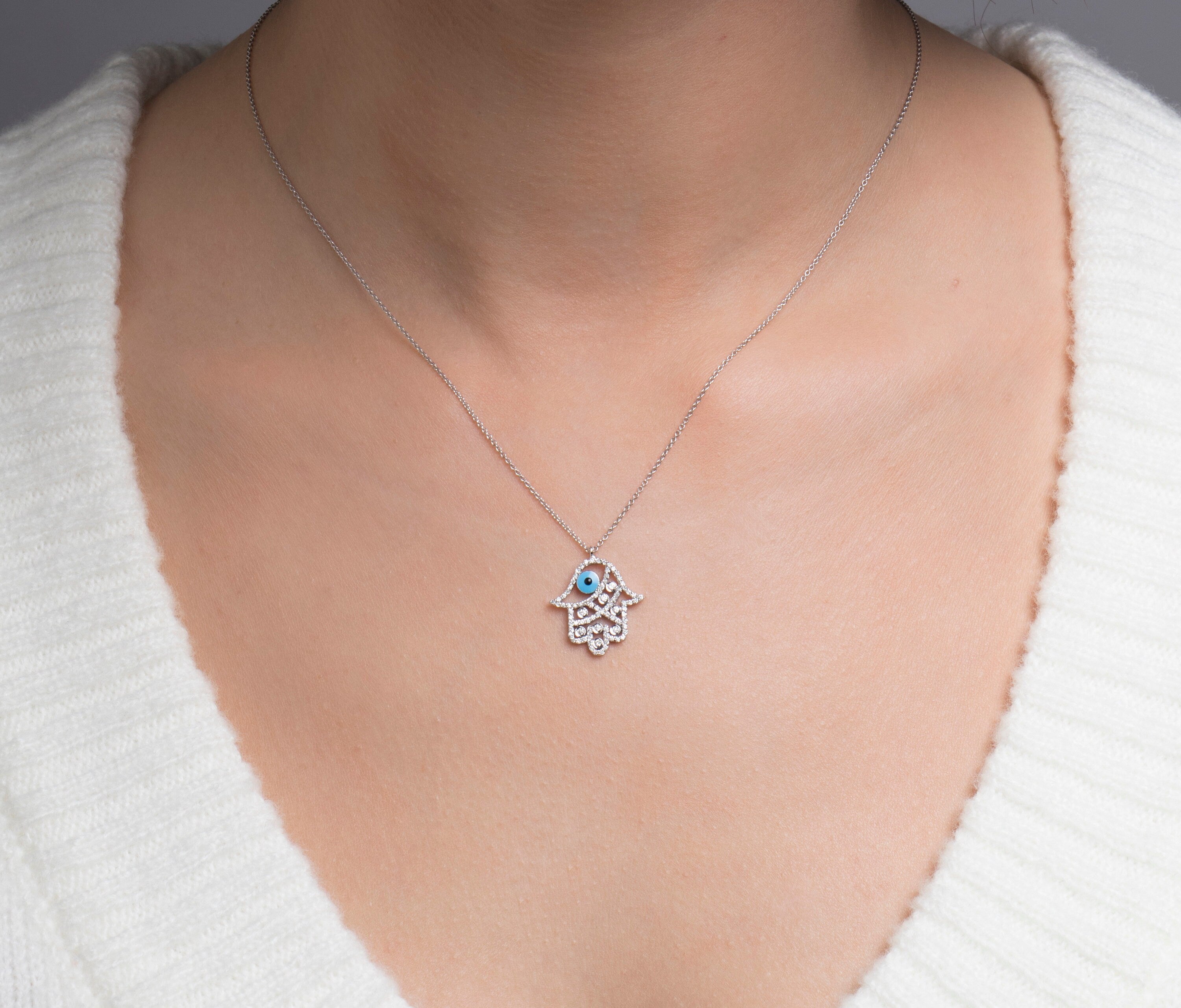 Diamond Hamsa Hand Necklace in 14K Gold