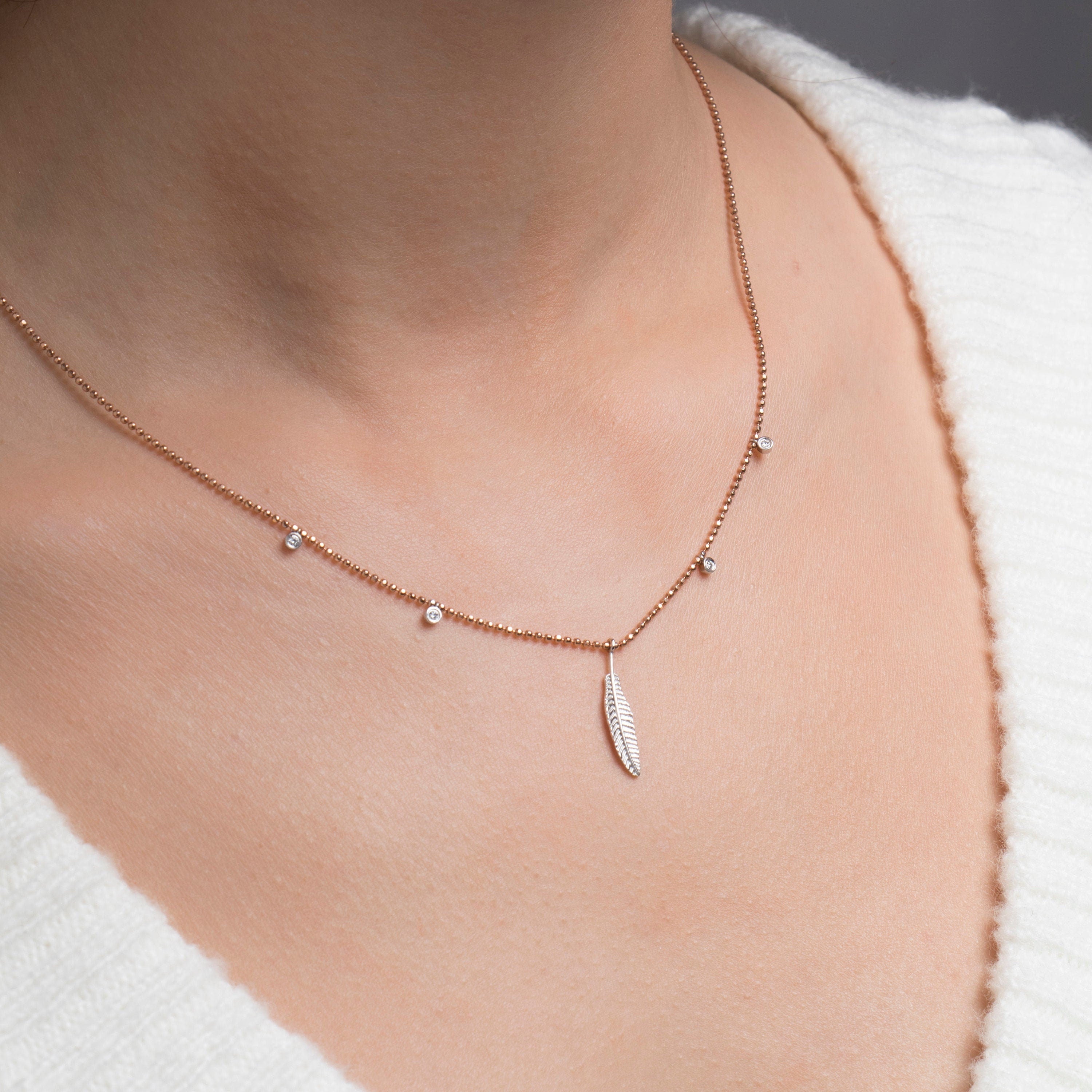 Diamond Feather Station Necklace in 14K Gold