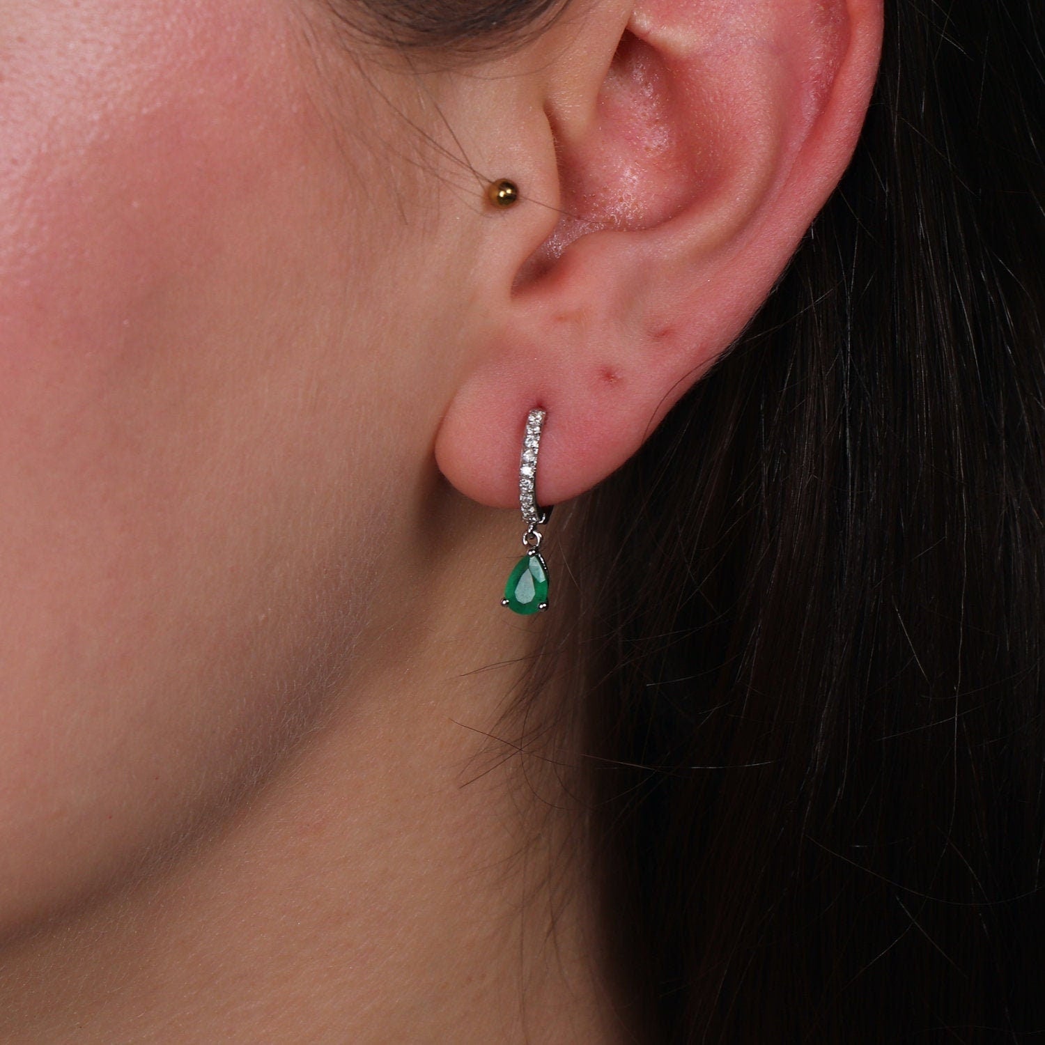 Emerald Dangle Hoops in 14K Gold