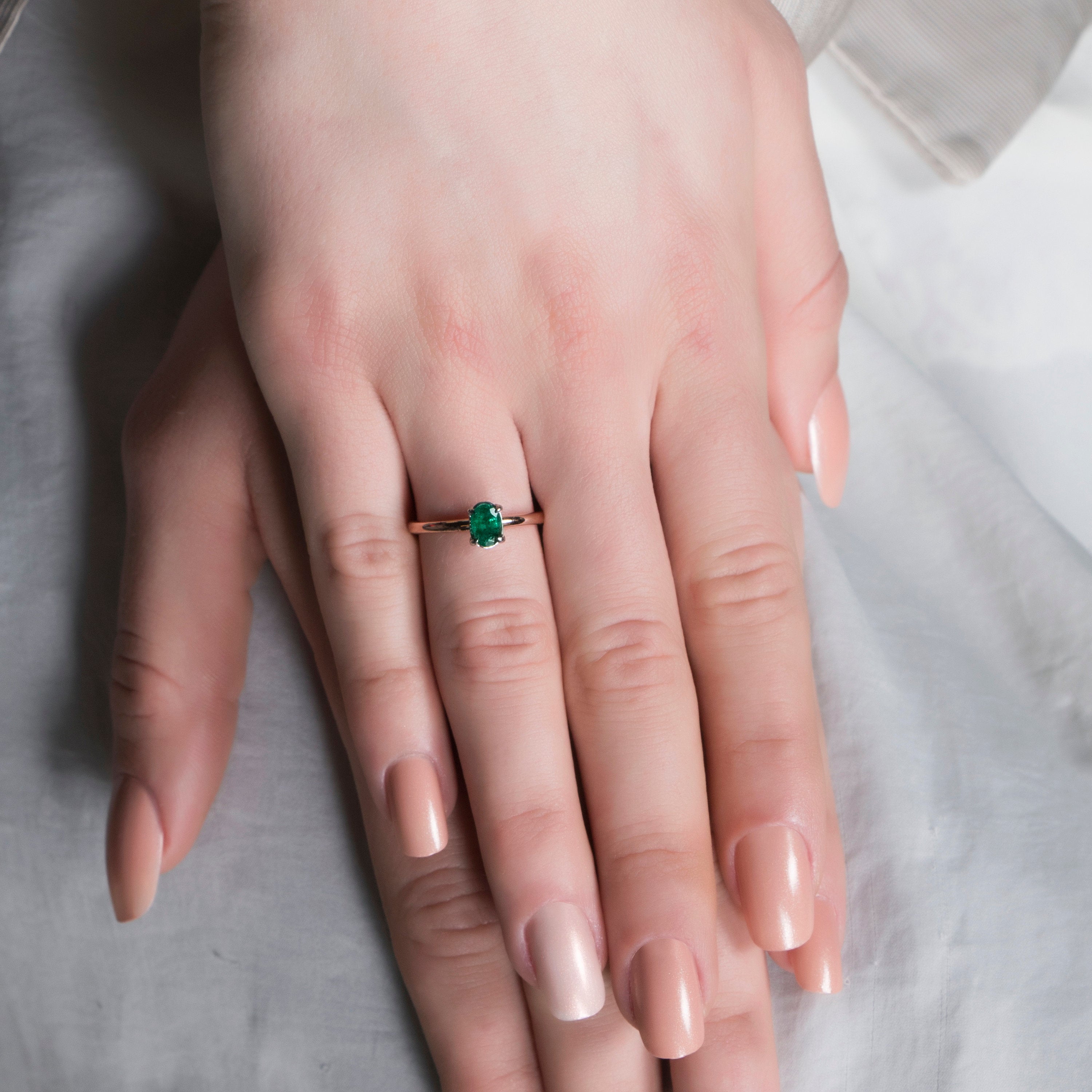 Natural Oval Cut Emerald Solitaire Ring in 14K Gold