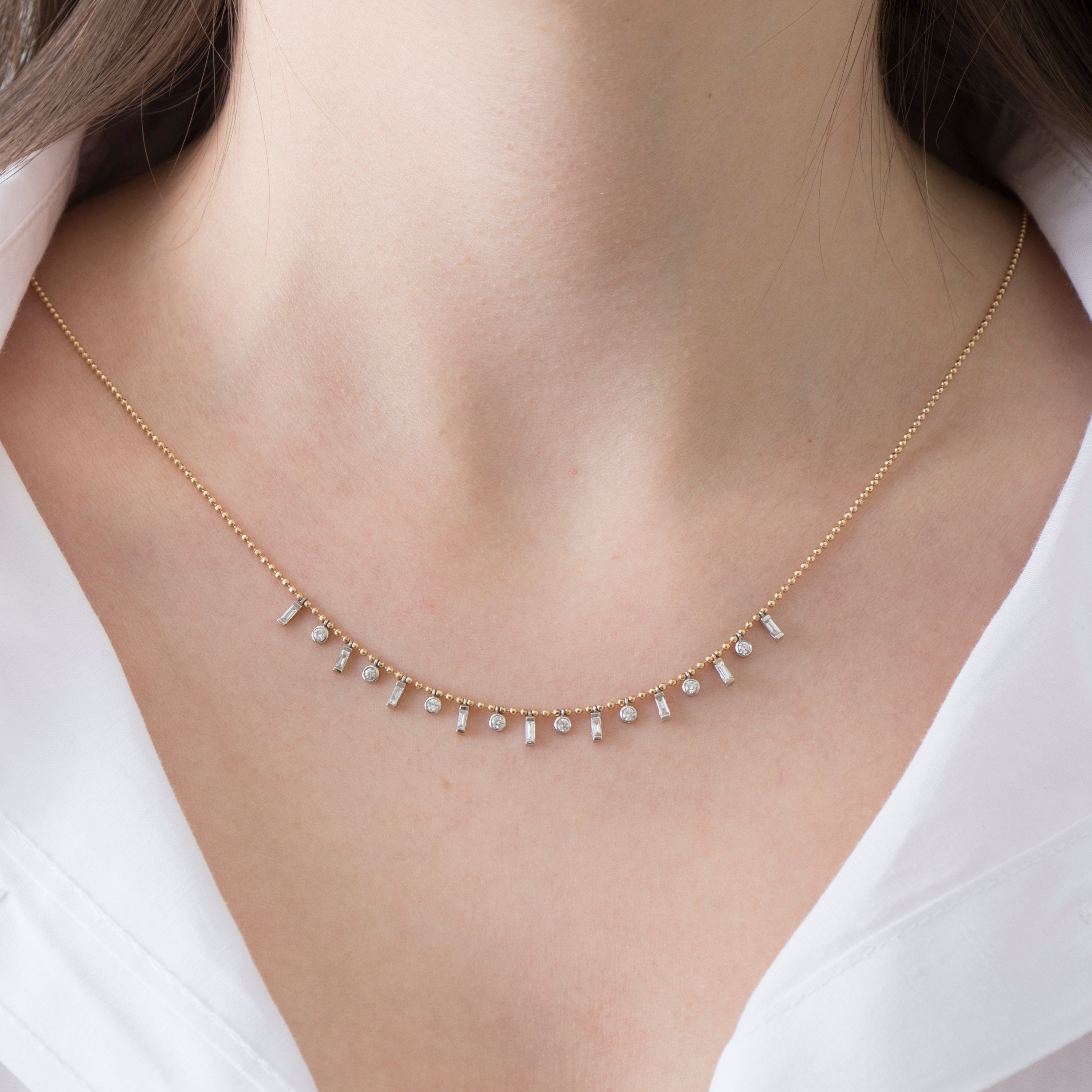 Diamond Elongated Station Necklace With Ball Chain in 14K Gold