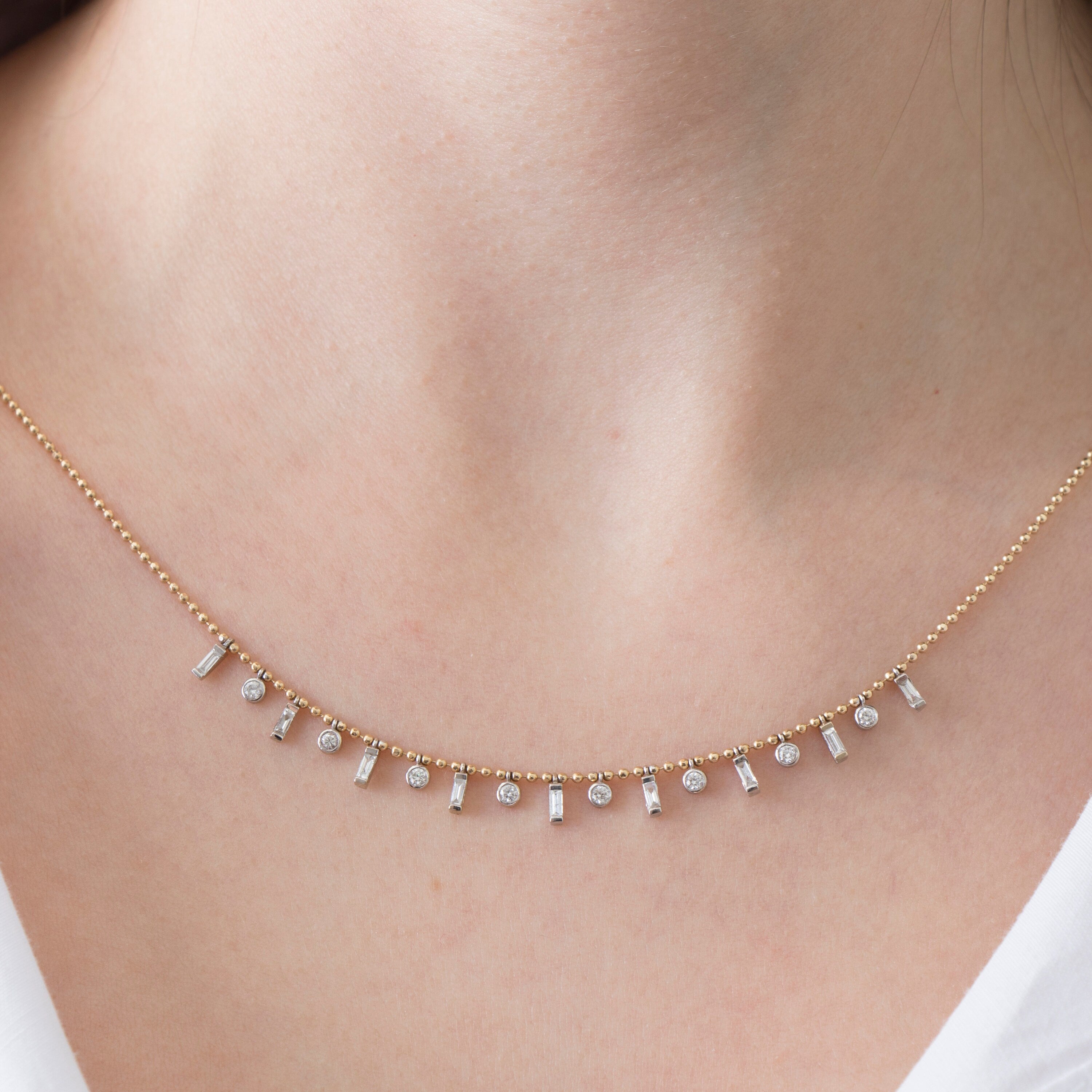 Diamond Elongated Station Necklace With Ball Chain in 14K Gold