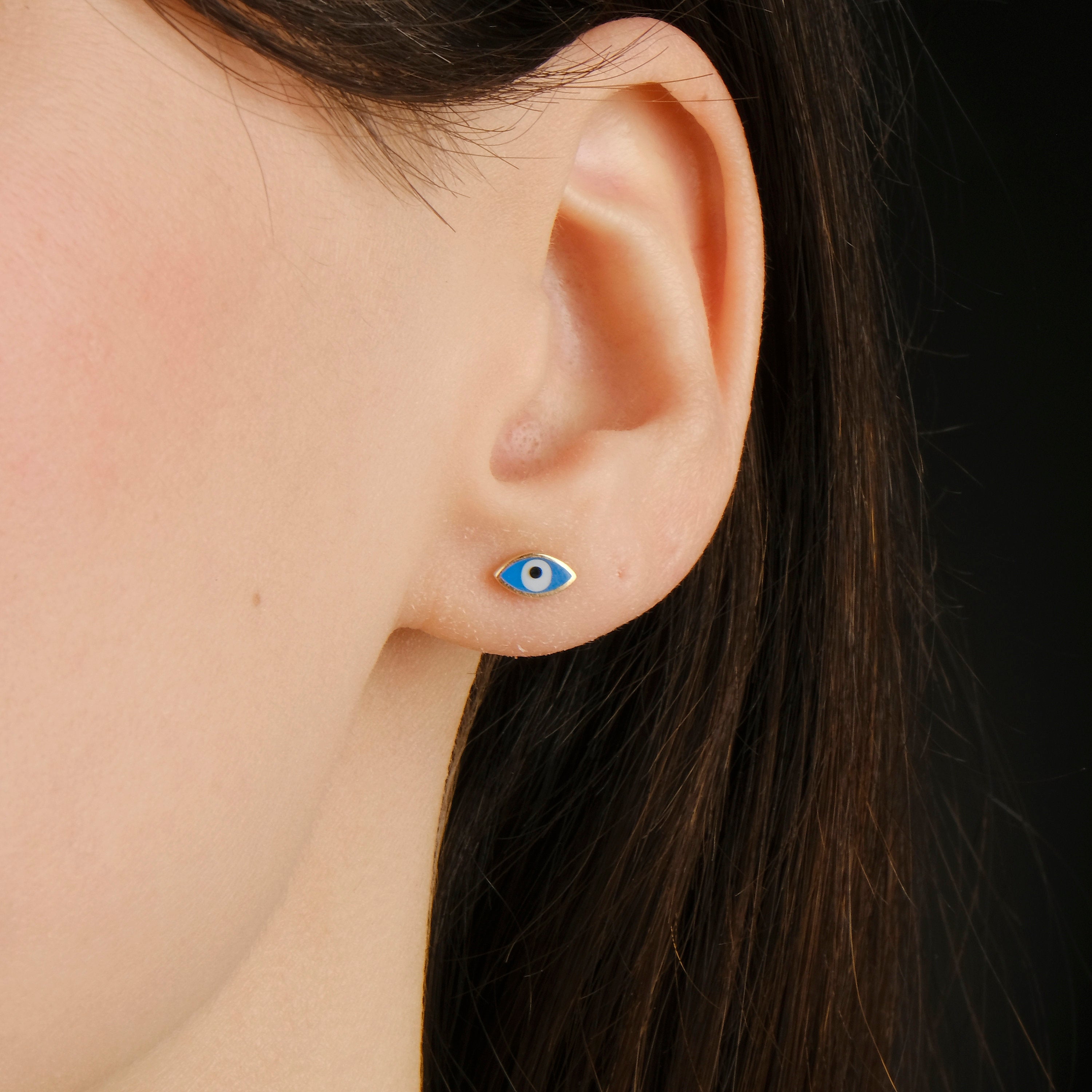 Mini Ocean Blue Evil Eye Stud Earrings In 14K Gold