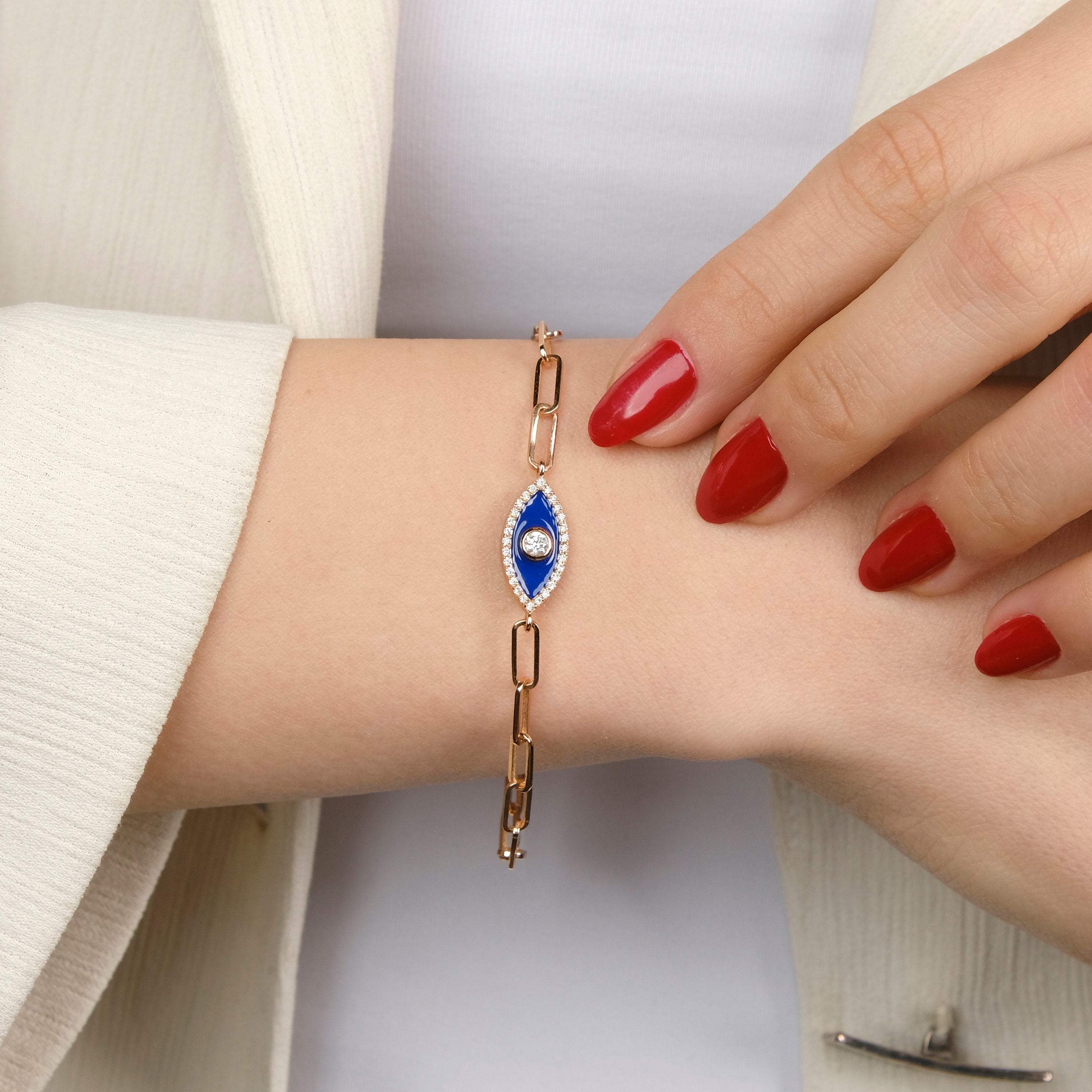 Double Sided Diamond Evil Eye Bracelet in 14K Gold