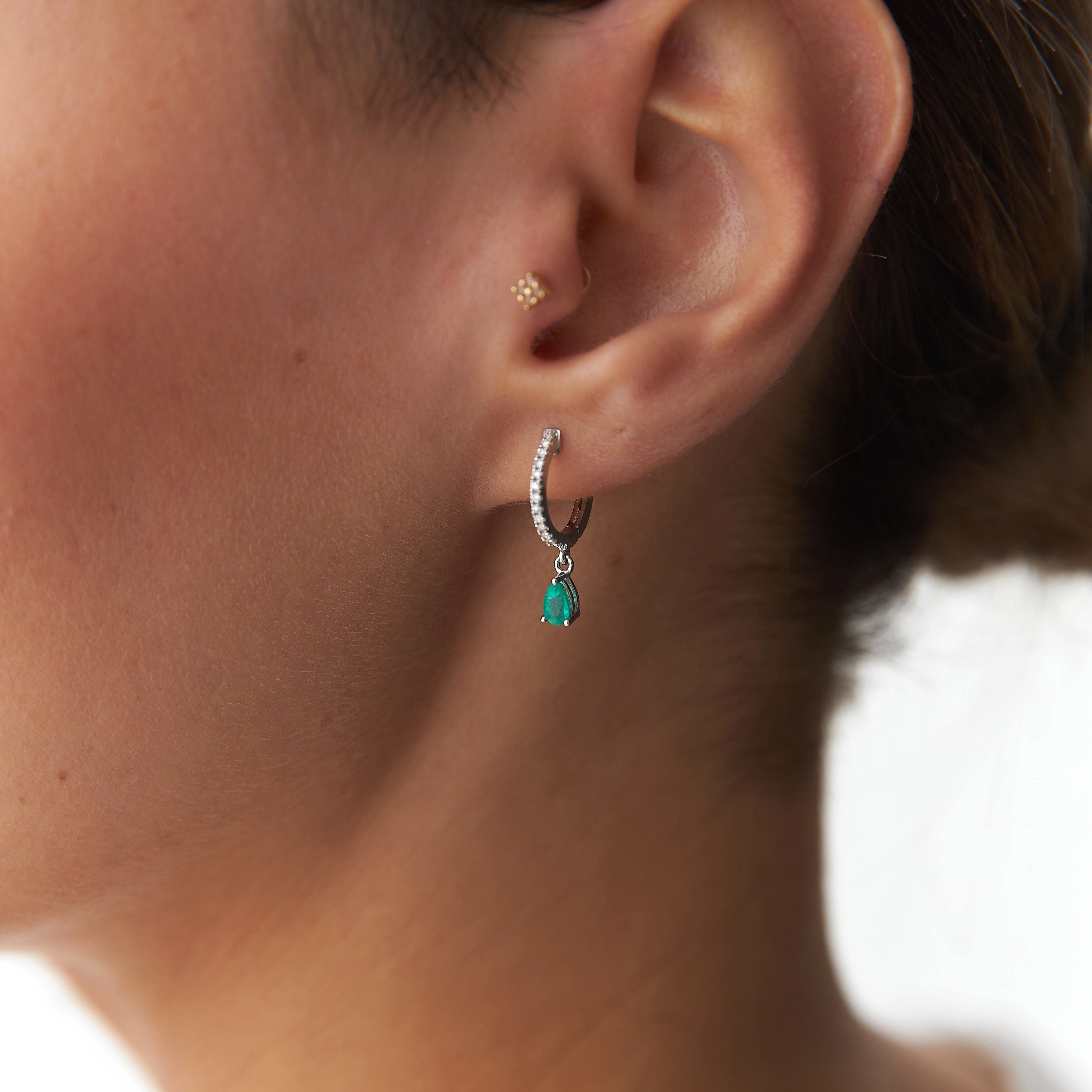 Emerald Dangle Hoops in 14K Gold