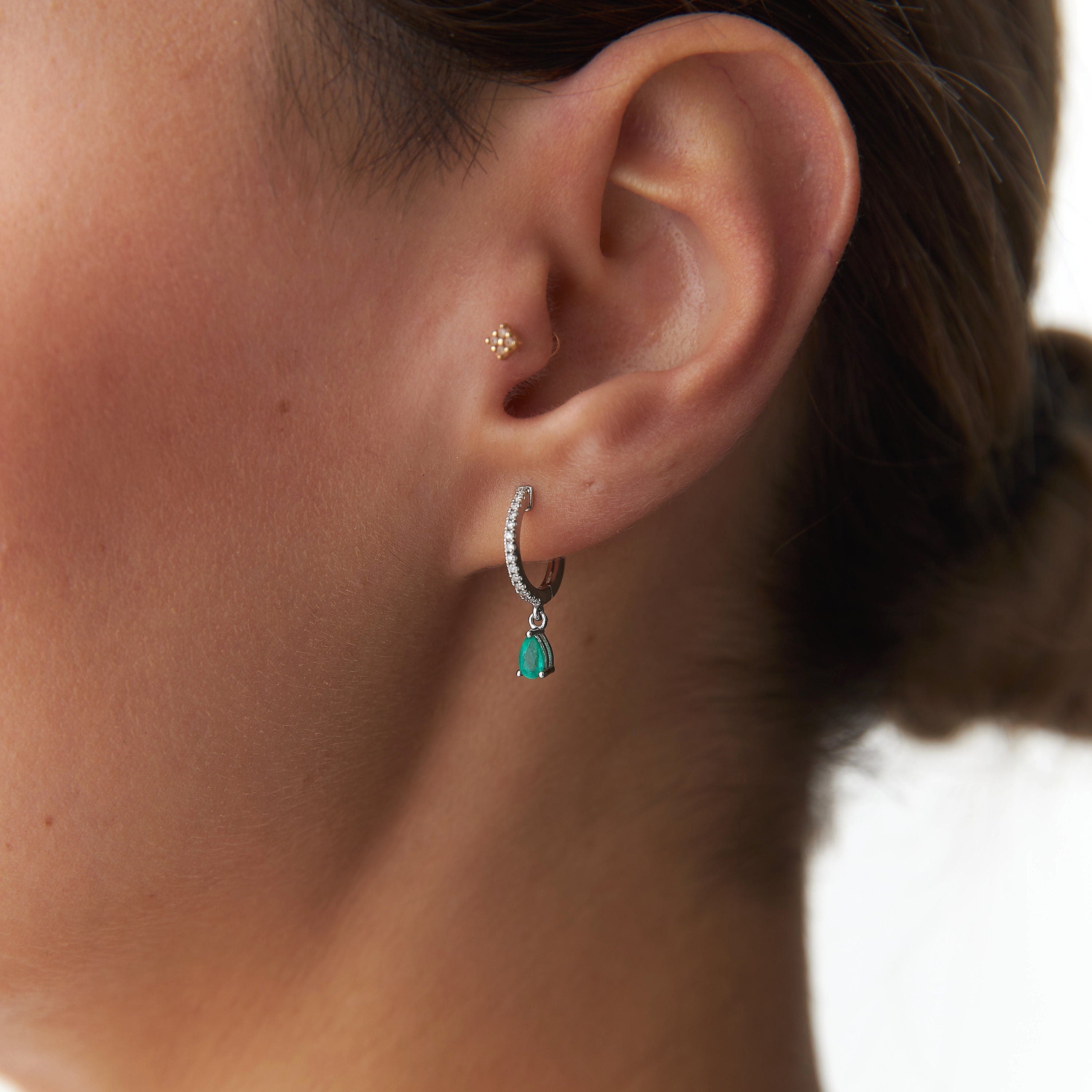 Emerald Dangle Hoops in 14K Gold