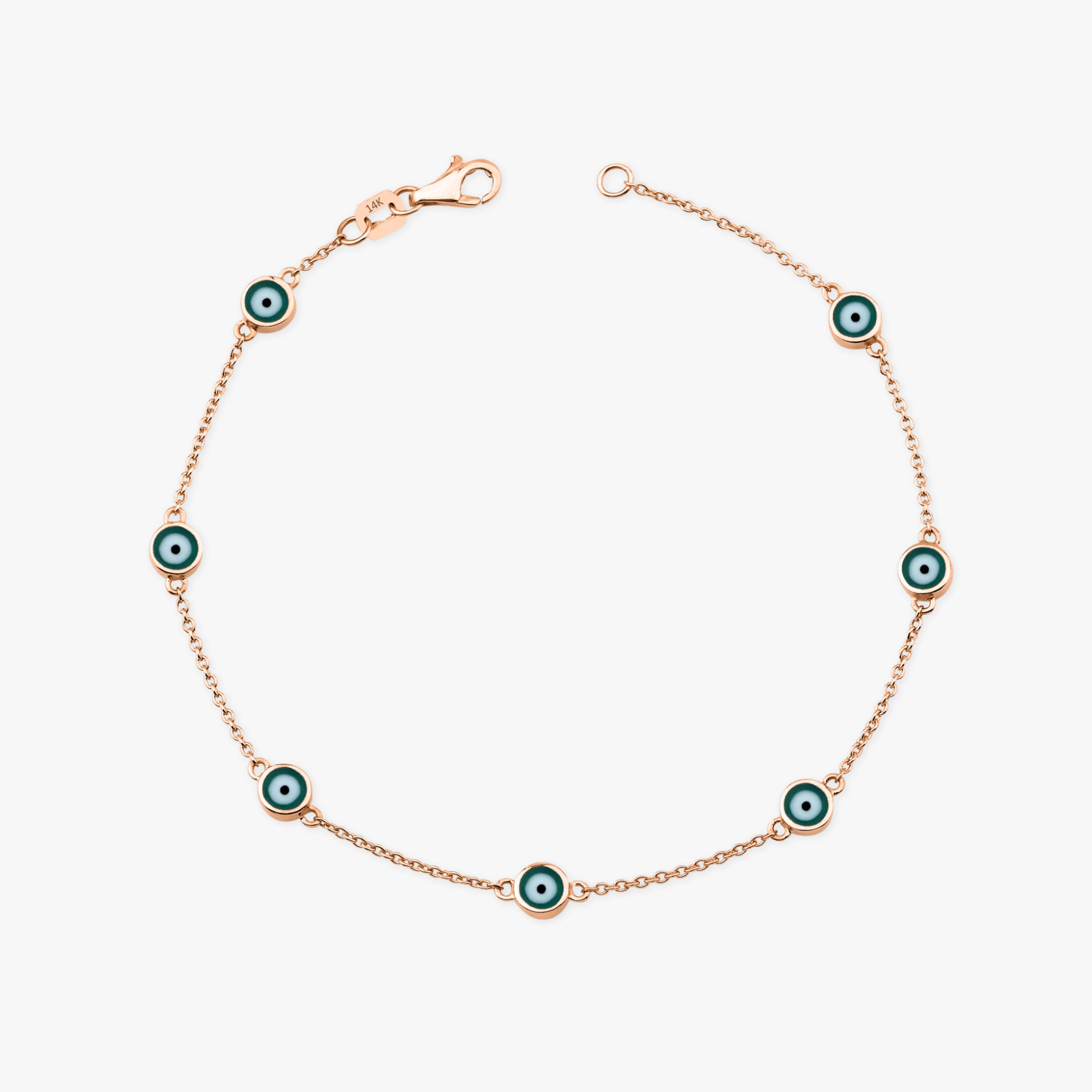 7 Green Evil Eye Bracelet in 14K Gold