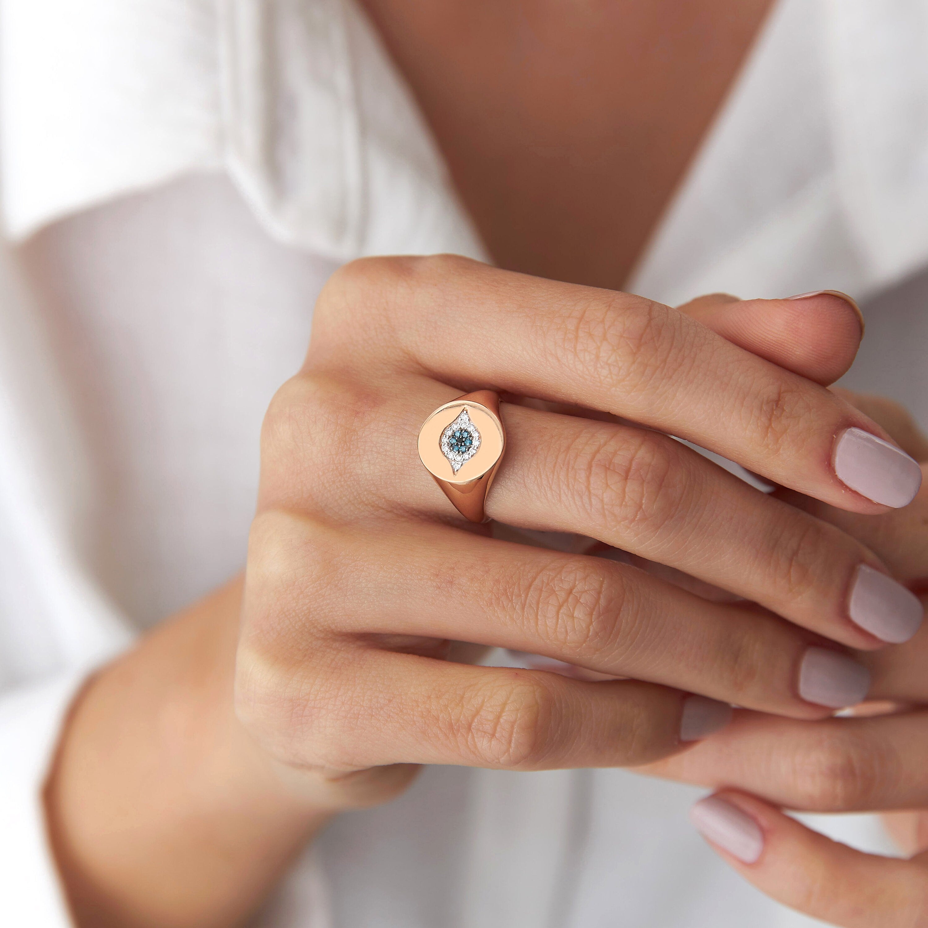 White and Blue Diamond Evil Eye Ring in 14K Gold