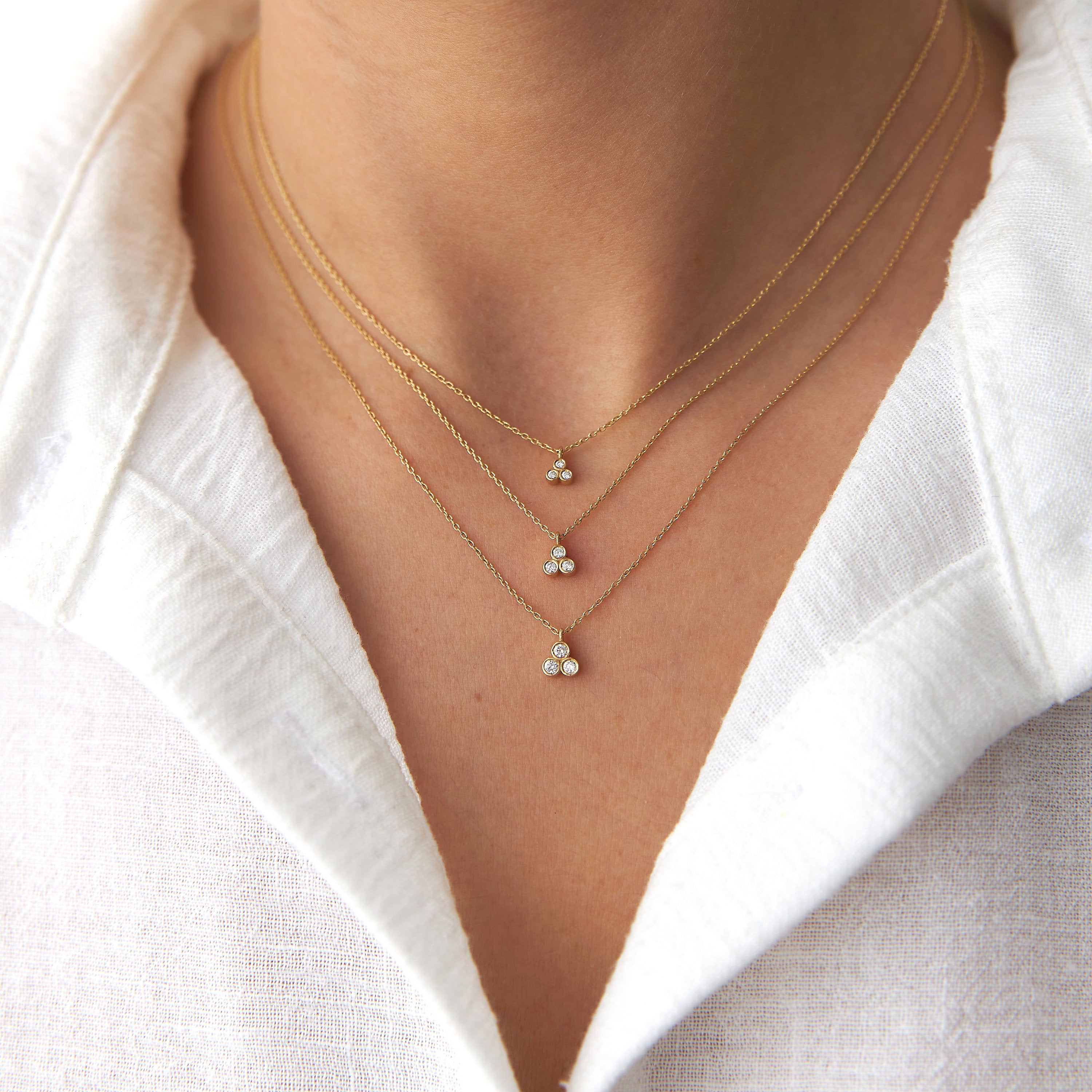 Bezel Set Three Diamond Necklace Available in 14K and 18K Gold